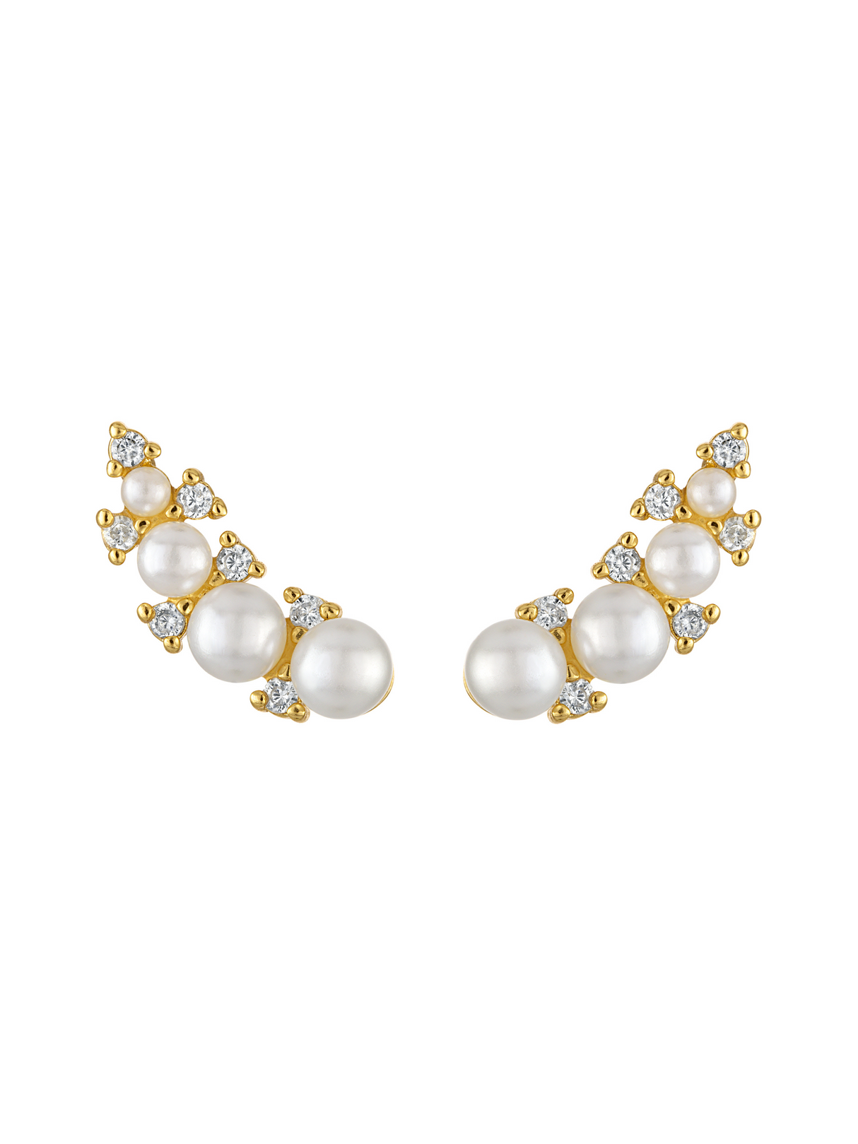 The Elin Pearl Climber Earring by Kinsey Designs features clusters of pearls and clear CZ gemstones in a curved, elegant design.