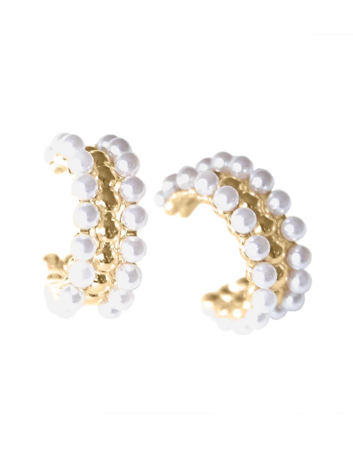 Gold ear cuffs from Kinsey Designs Archives, inspired by the Elsie Hoop collection, feature two rows of small white pearls and are displayed on a white background.