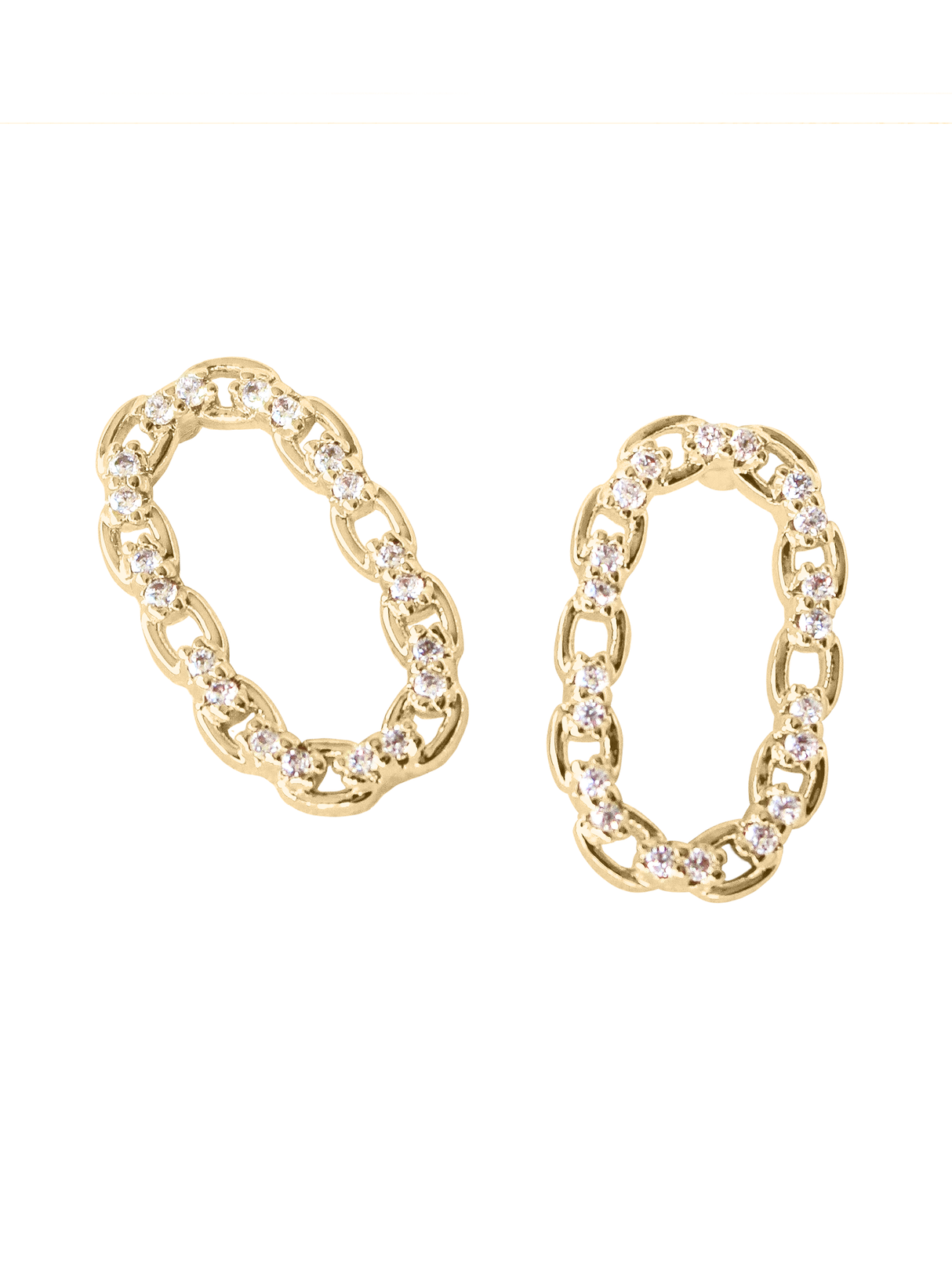 The Everly Post earrings by Kinsey Designs feature gold-filled oval chain-links with clear gemstones, shown on a white background—ideal for adding a touch of elegance to any sample sale outfit.