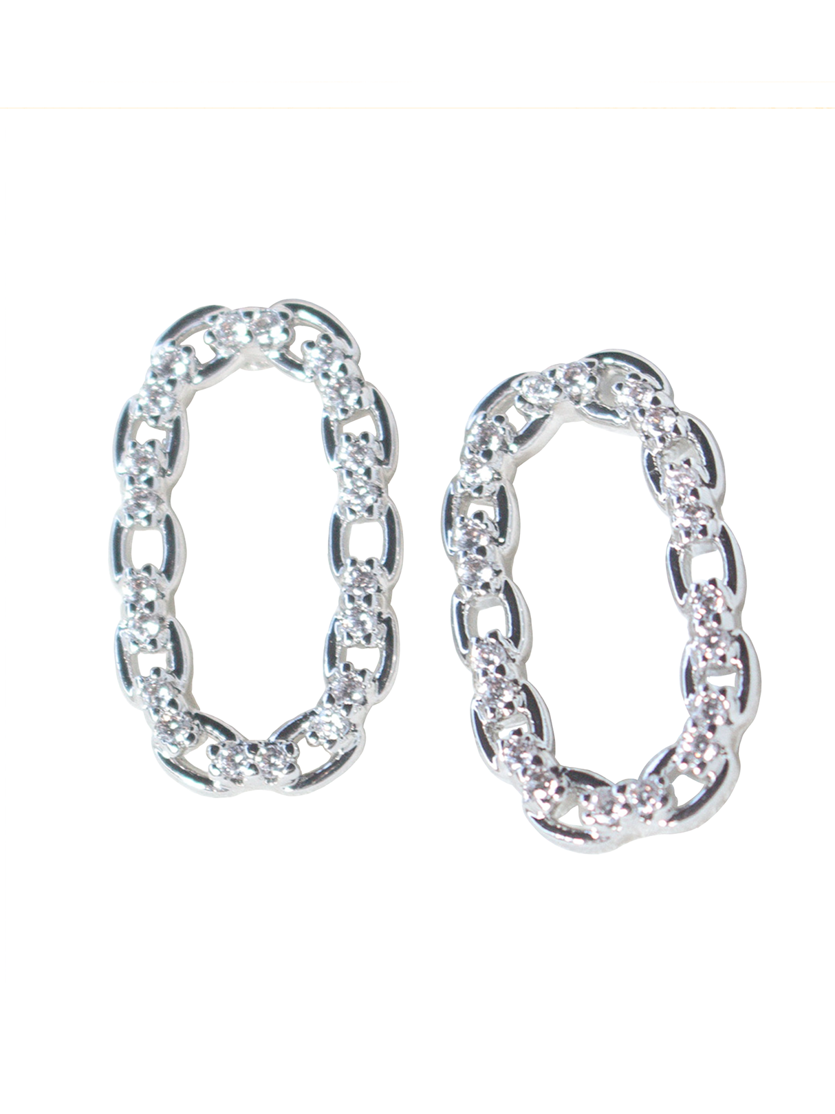 The Everly Post Silver earrings by Kinsey Designs feature an oval shape, chain-link design, and sparkling cubic zirconia, crafted from rhodium-plated brass.
