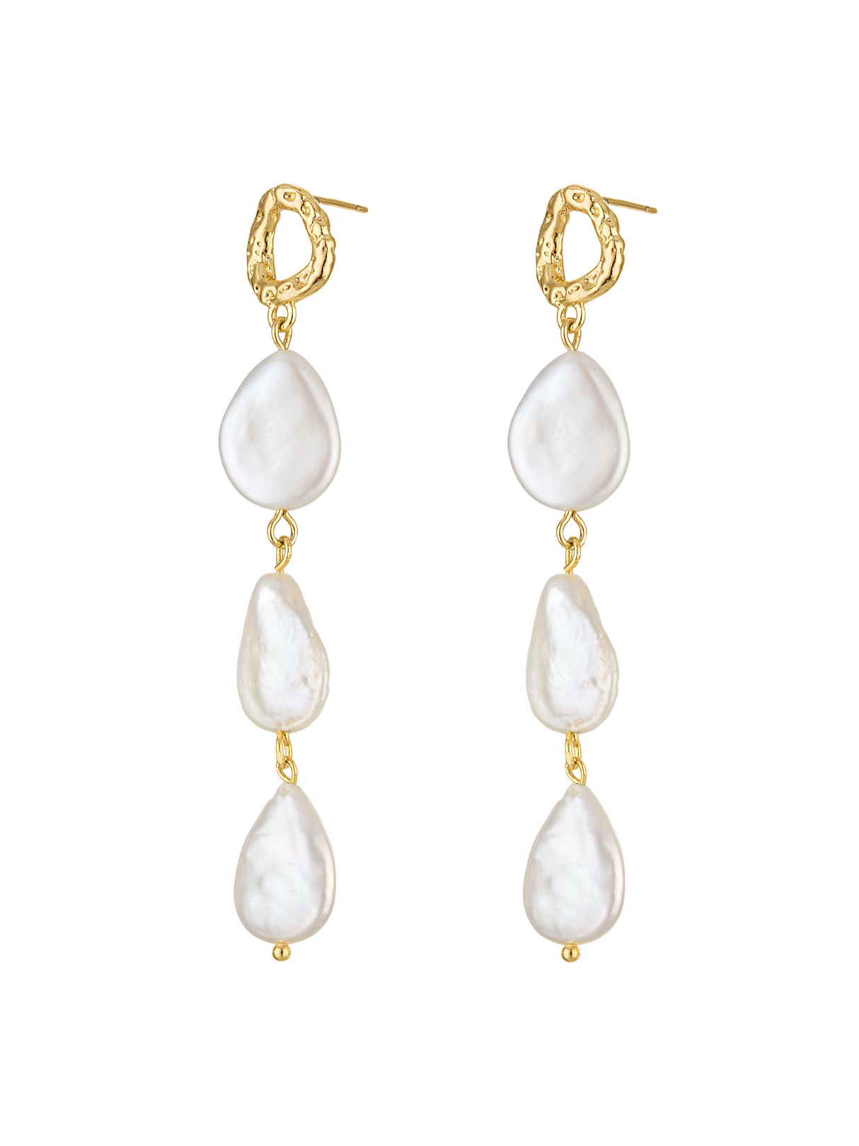 The Evie Pearl Drop Earring by Kinsey Designs showcases three irregular white pearls in a vertical gold hammered post, creating an elegant triple pearl drop look.
