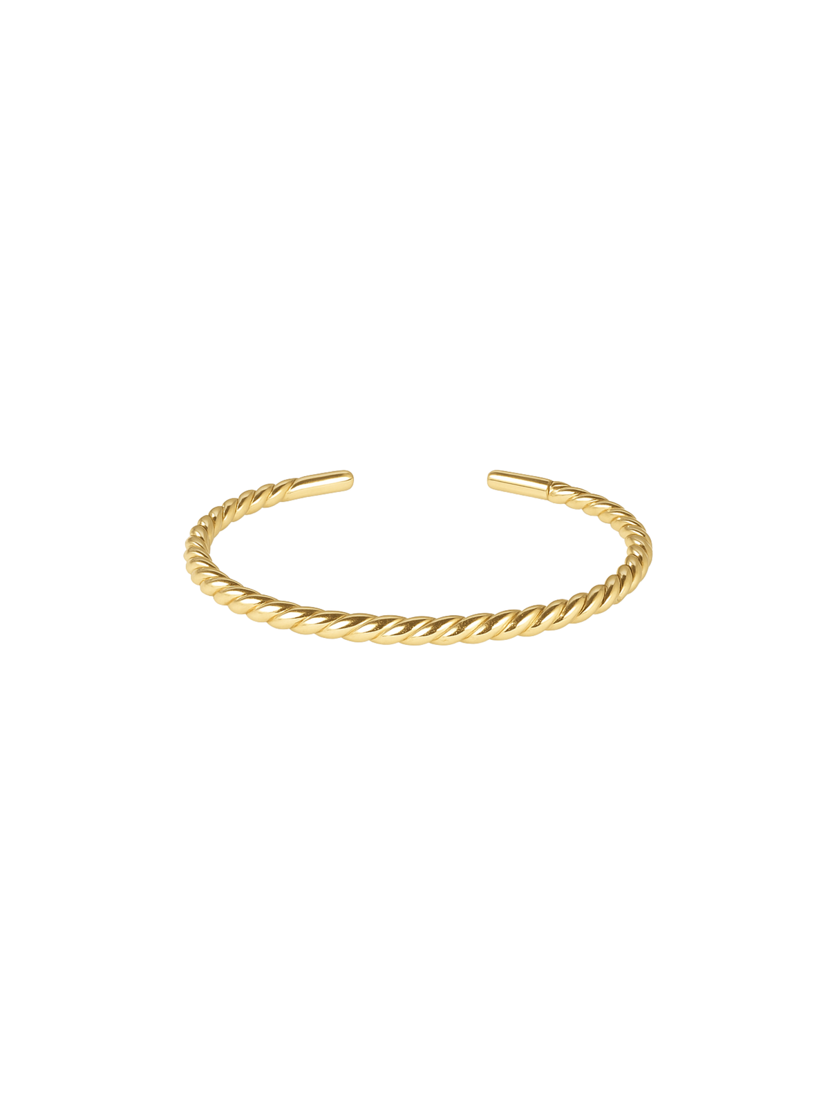 The Fallon Baby Cuff by Kinsey Designs is a simple, gold filled twisted open bangle bracelet. Adjustable and nickel free, it's perfect for sensitive skin and photographed on a white background.
