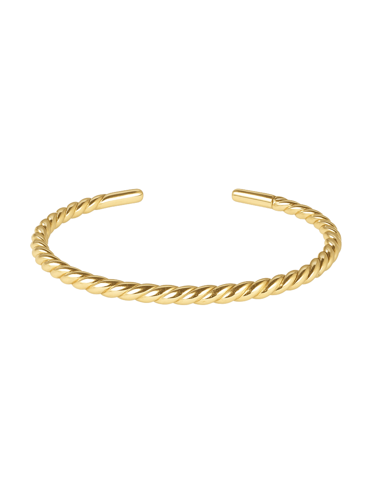 The Fallon Cuff by Kinsey Designs features a twisted rope design in gold fill. This adjustable bracelet shines elegantly on a white background.