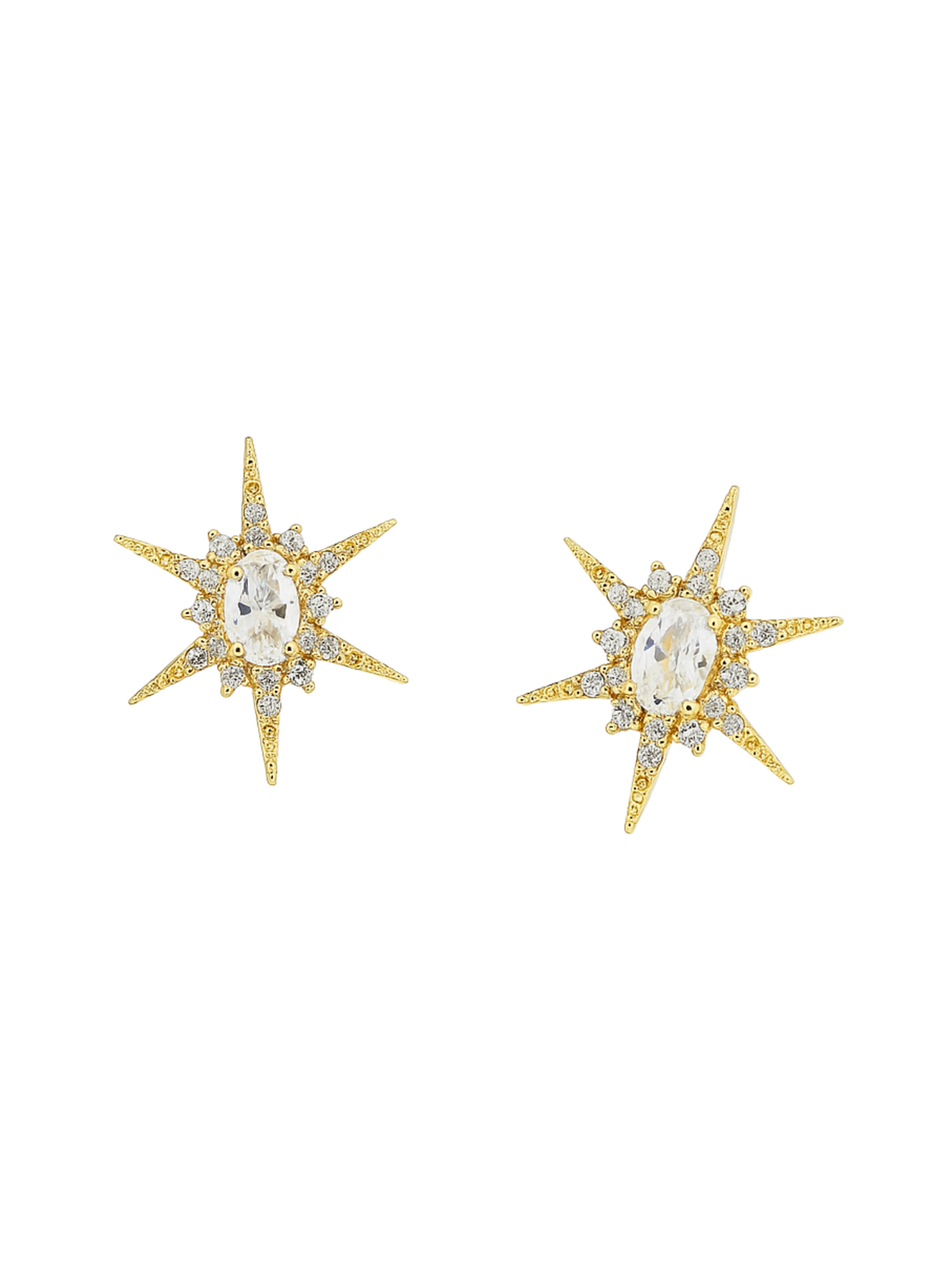 The Faye Stud by Kinsey Designs features gold filled starburst earrings set with clear oval cubic zirconia centers and sparkling accents on each ray.
