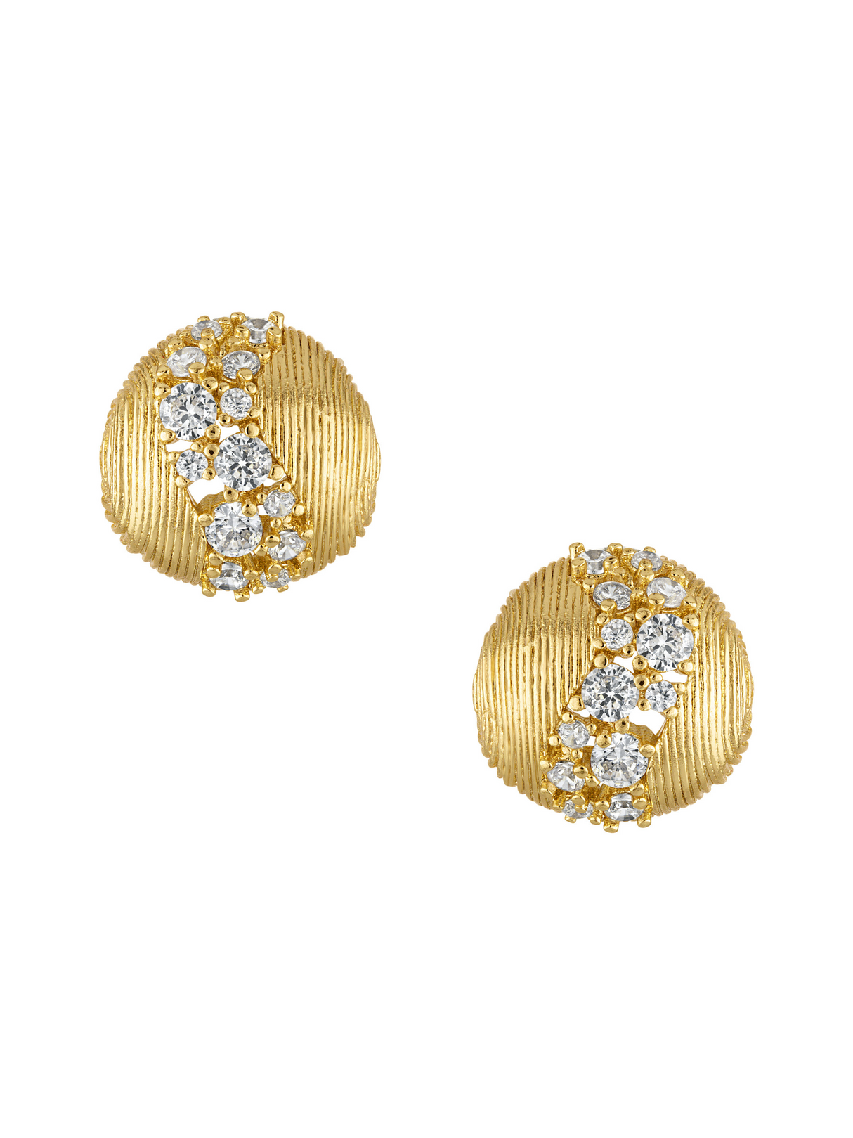 The Finn Post Earring by Kinsey Designs features round gold posts adorned with CZ stones and a diagonal row of sparkling diamonds on a textured surface.