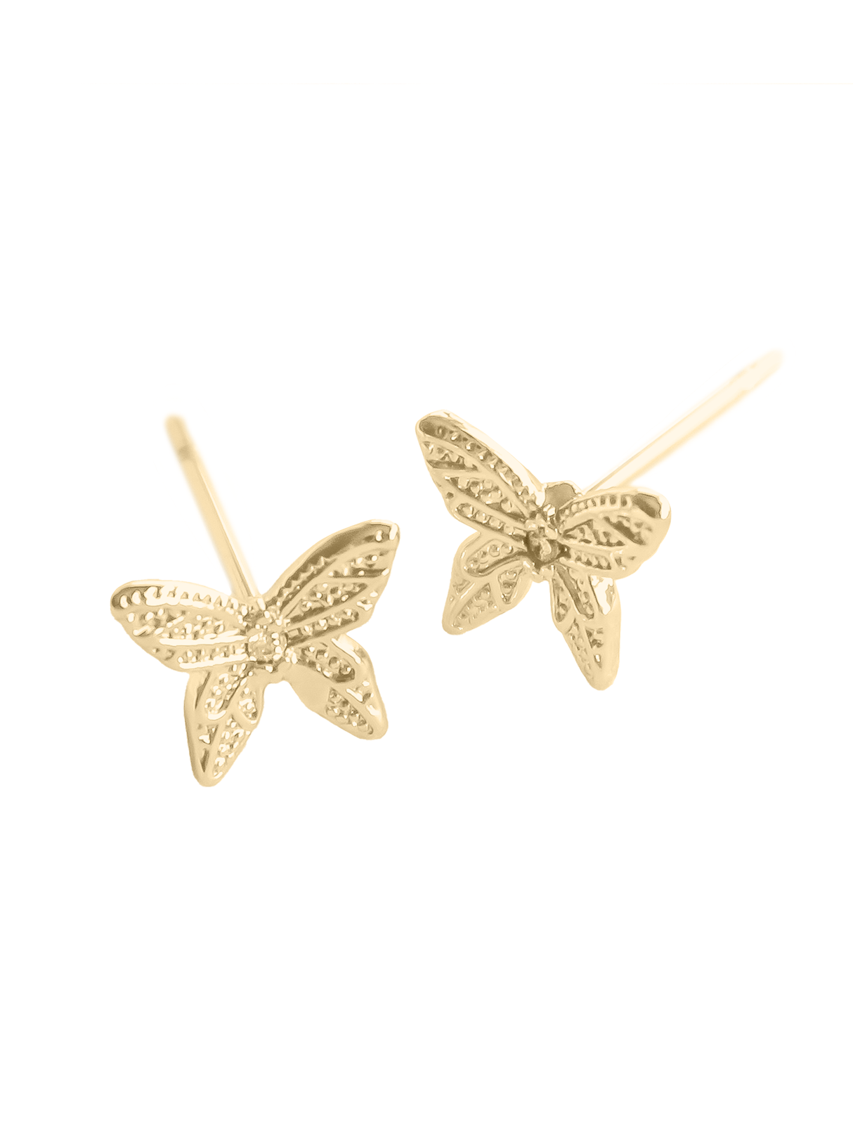 The Flutter Stud by Kinsey Designs Archives features butterfly-shaped gold filled stud earrings displayed on a white background.