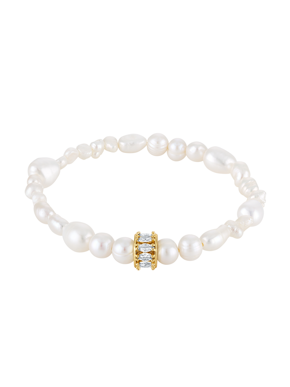 The Kinsey Designs Freshwater Pearl Rondelle Stretch Bracelet features a gold and crystal accent, adding timeless charm and effortless style to any look. Perfect on a plain white background.