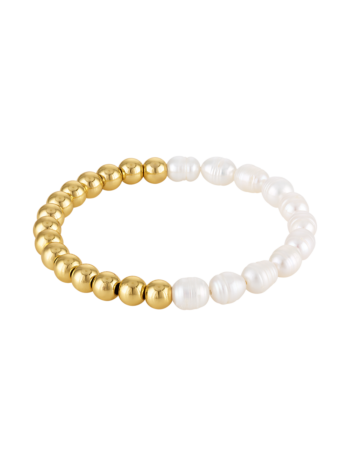 The Kinsey Designs Freshwater Pearl and Gold Bead Stretch Bracelet features alternating gold and freshwater pearl beads in a stylish, circular stretch design.