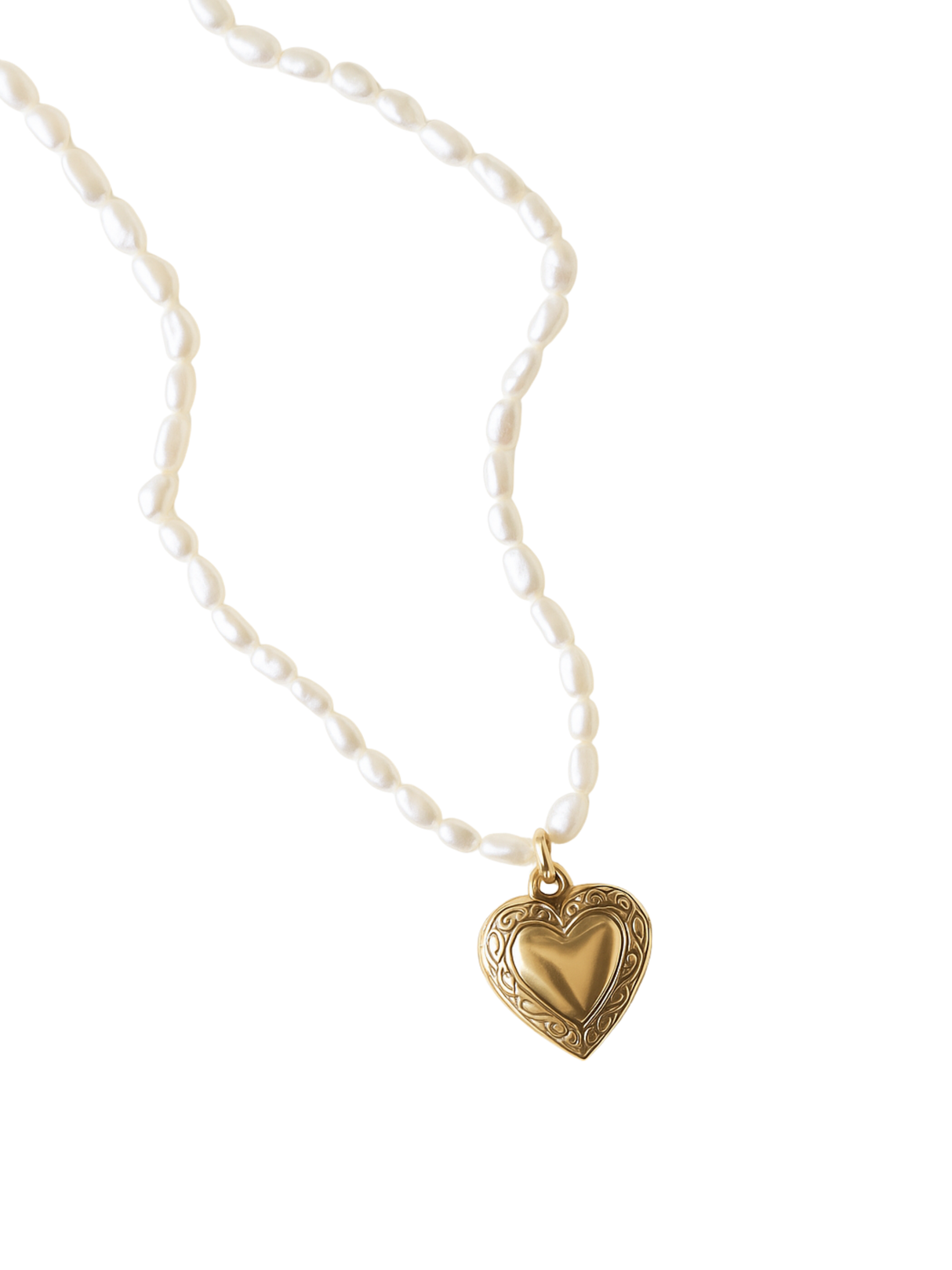 The Giselle Pearl Necklace by Kinsey Designs showcases lustrous freshwater pearls and a gold heart locket pendant, elegantly displayed on a white background.