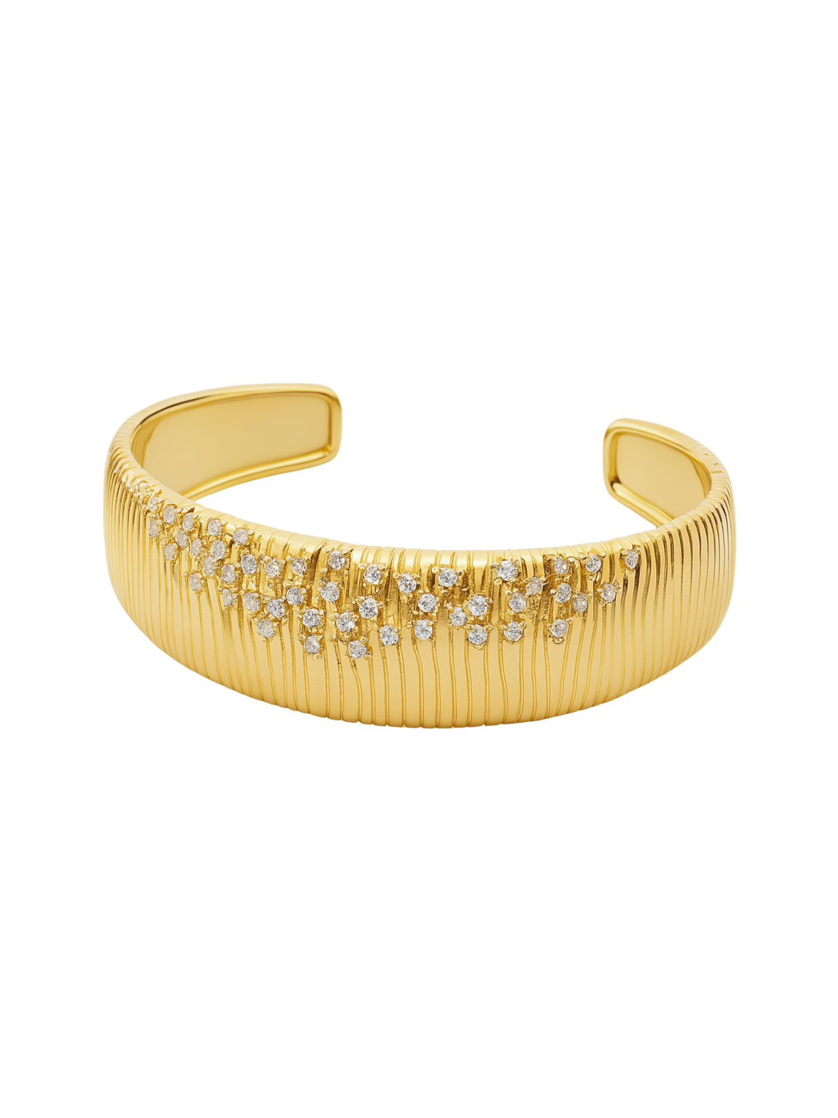 The Glinda Stardust Cuff Bracelet by Kinsey Designs features a gold-tone ribbed design with scattered CZ stones on the top, shown against a white background.
