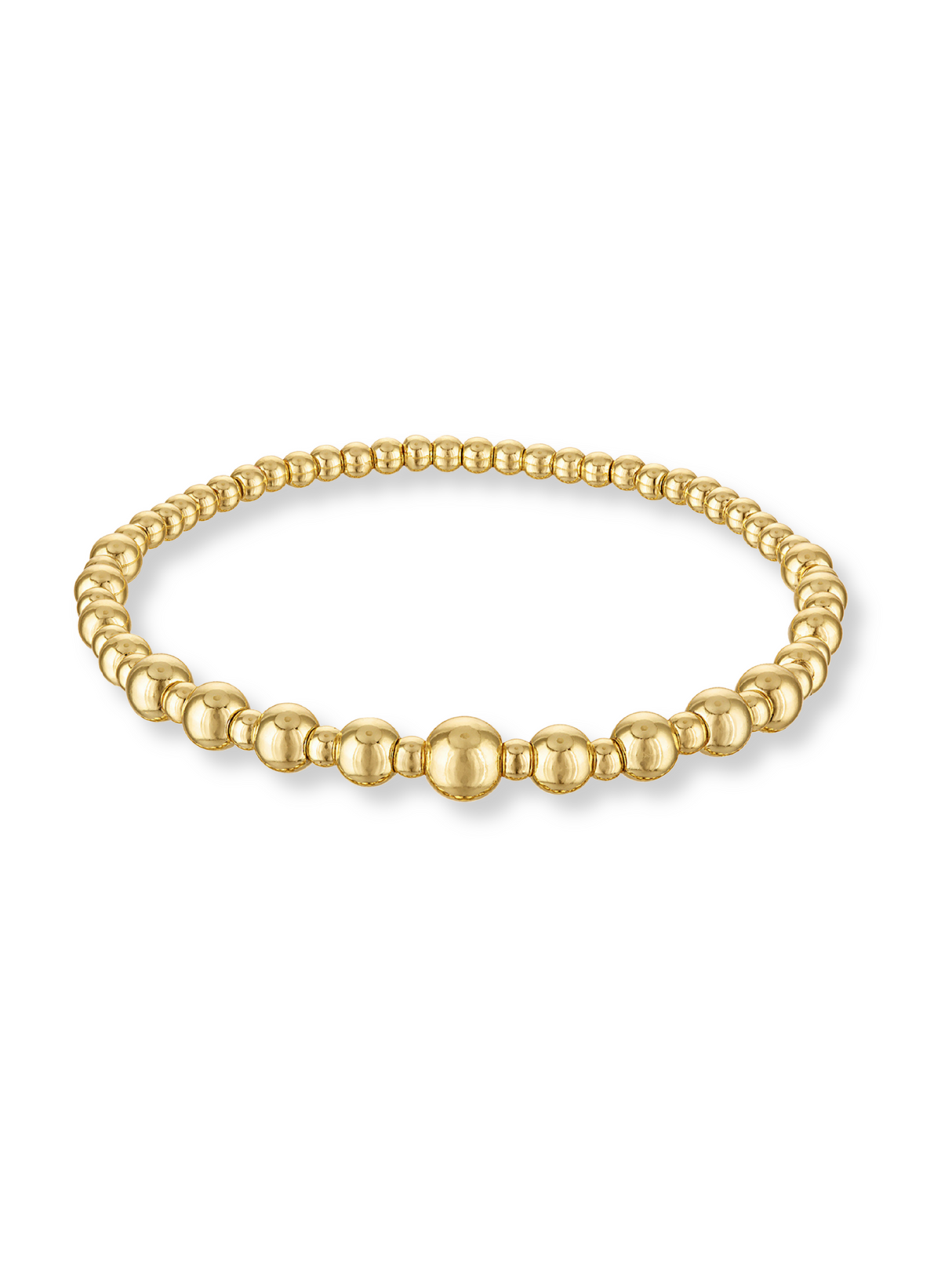 The Kinsey Designs Graduating Bead Stretch Bracelet, featuring alternating small and large round gold beads, is displayed on a white background.