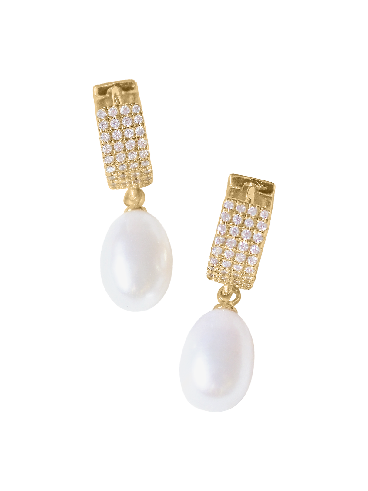 The Gemma Pearl Huggies by Kinsey Designs Archives feature small clear stones and dangling oval white pearls—a delicate pair of crystal pearl earrings, shown on a white background.