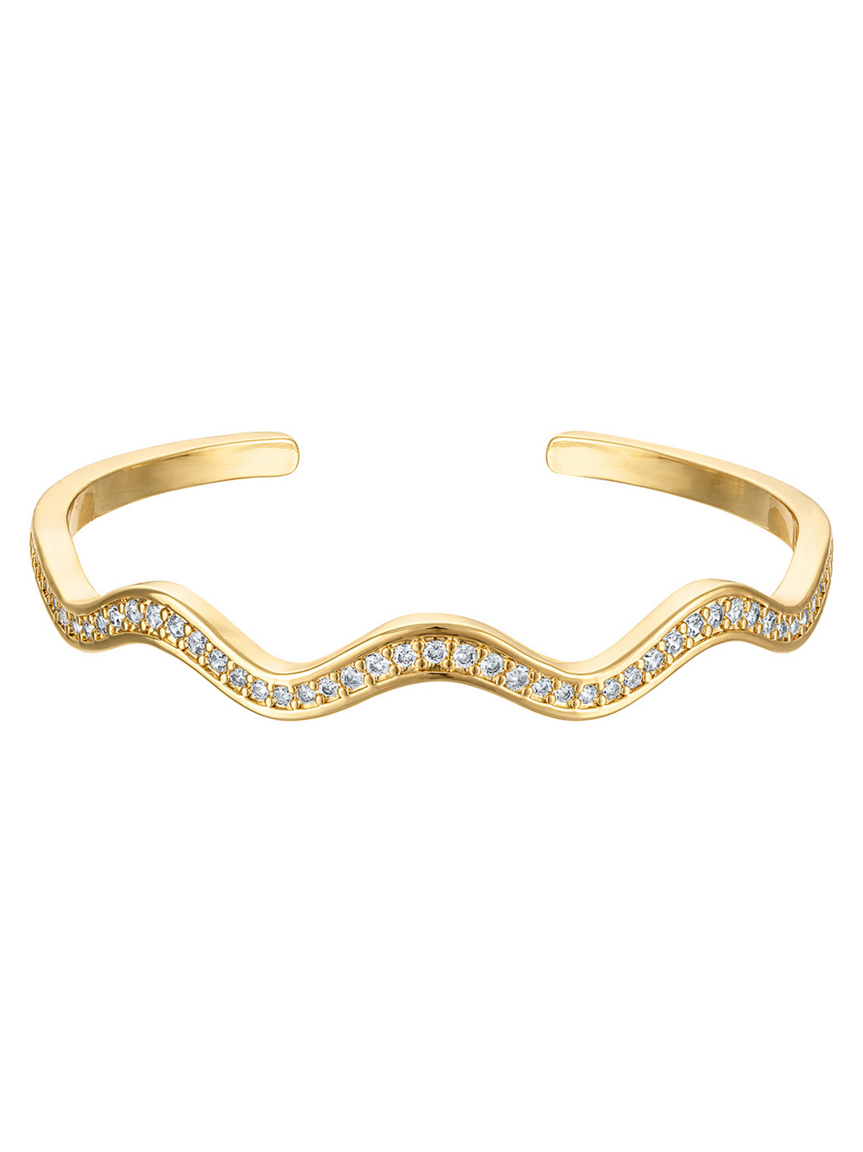 The George Wave Cuff Bracelet by Kinsey Designs is a gold cuff with a wavy design, featuring a row of small sparkling stones along the front for added elegance.