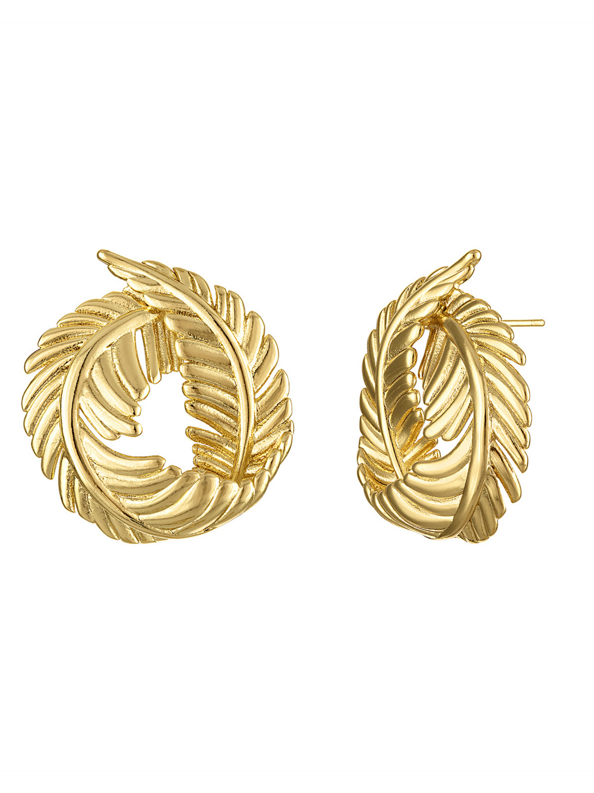 The Georgie Twisted Leaf Earrings by Kinsey Designs feature a circular, leaf-inspired design with textured, overlapping details for a nature-inspired elegance, shown against a white background.