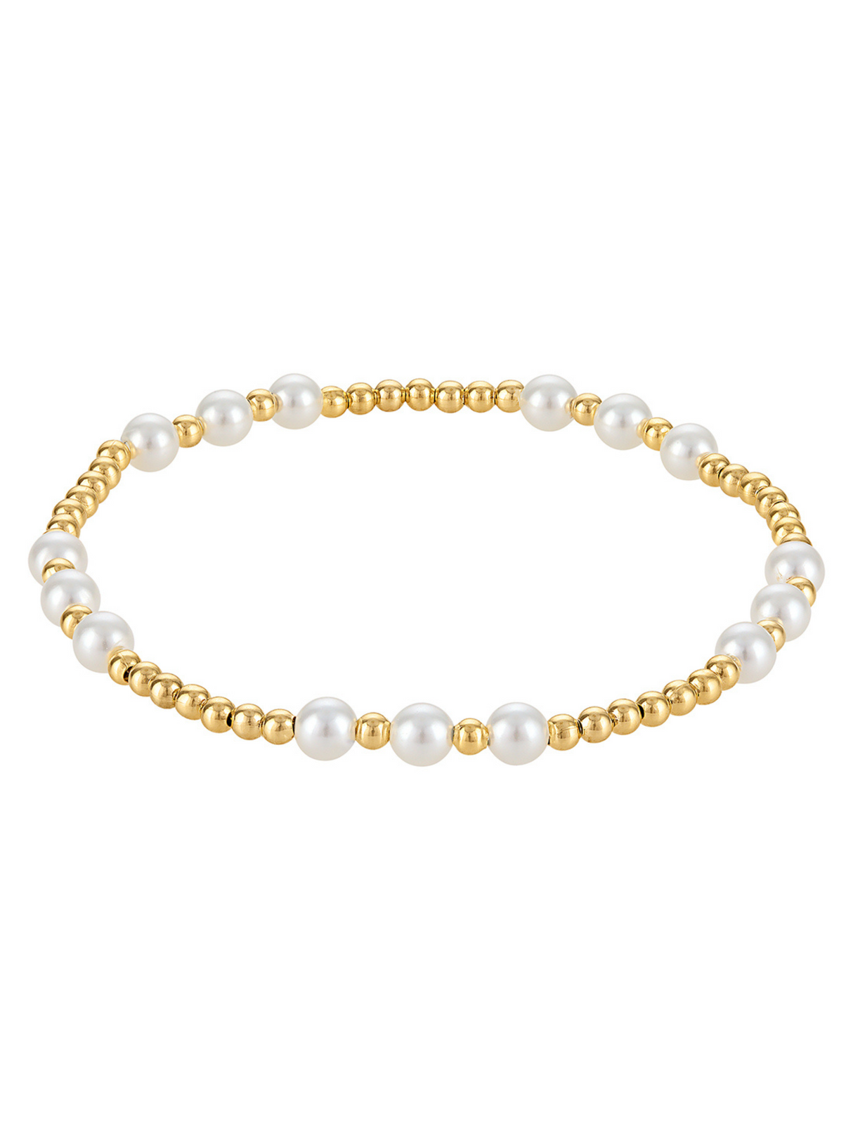 The Kinsey Designs Graduating Pearl Stretch Bead Bracelet 4mm features evenly spaced white pearls and gold beads, adding timeless charm to any look. Elegantly displayed on a white background.