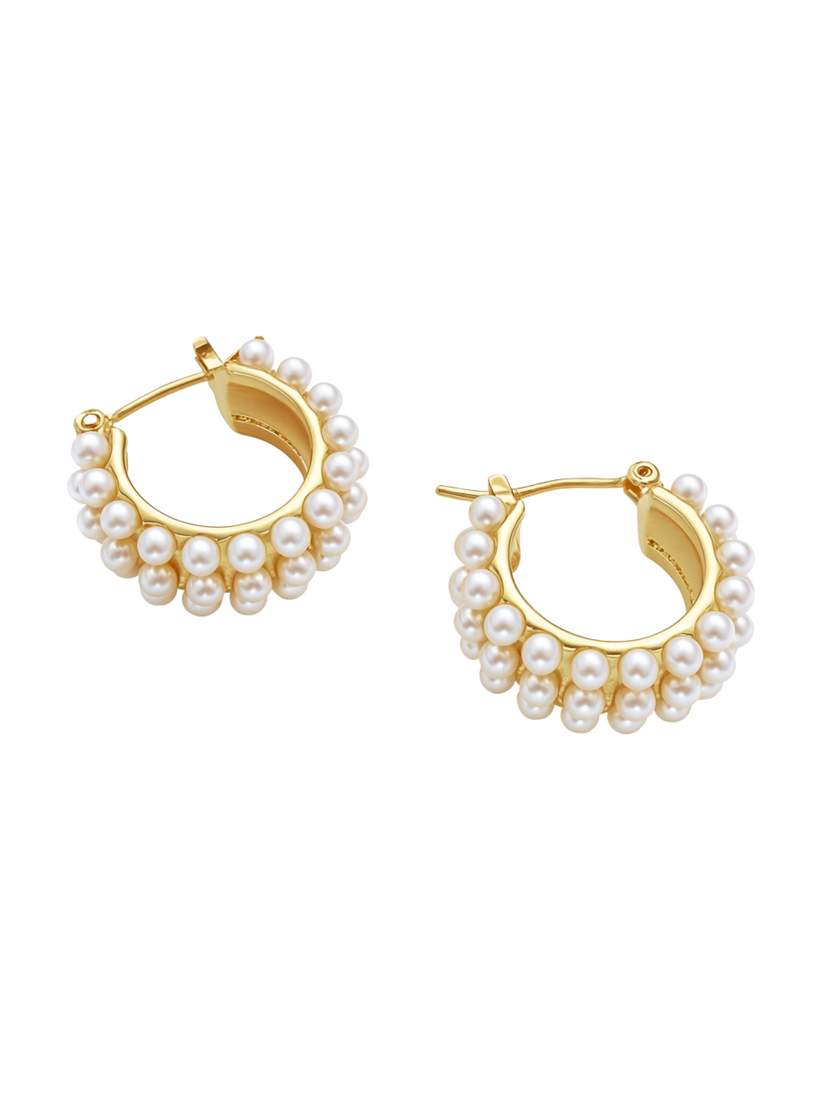 The Hailey Pearl Hoops by Kinsey Designs are gold hoops featuring two rows of white pearls, making them perfect statement earrings, shown on a white background.