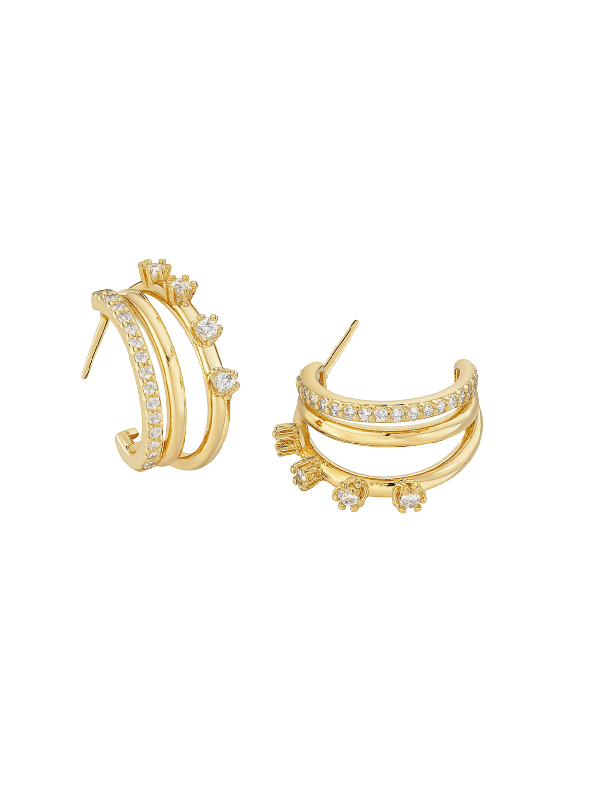 The Hallie Earring by Kinsey Designs features gold-filled triple bands with round and baguette sparkling stones. Measuring 0.75" in diameter, these hoops add a timeless, elegant touch to any look.
