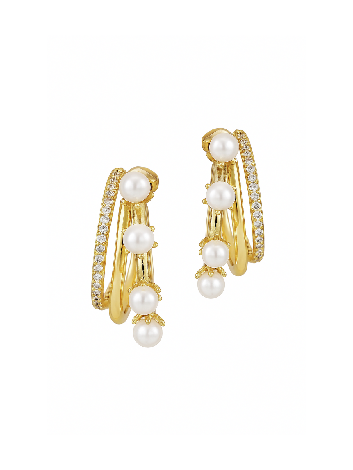 The Hattie Pearl Hoops by Kinsey Designs feature a triple-layer, gold-filled design with pearls and small embedded crystals, shown on a white background.
