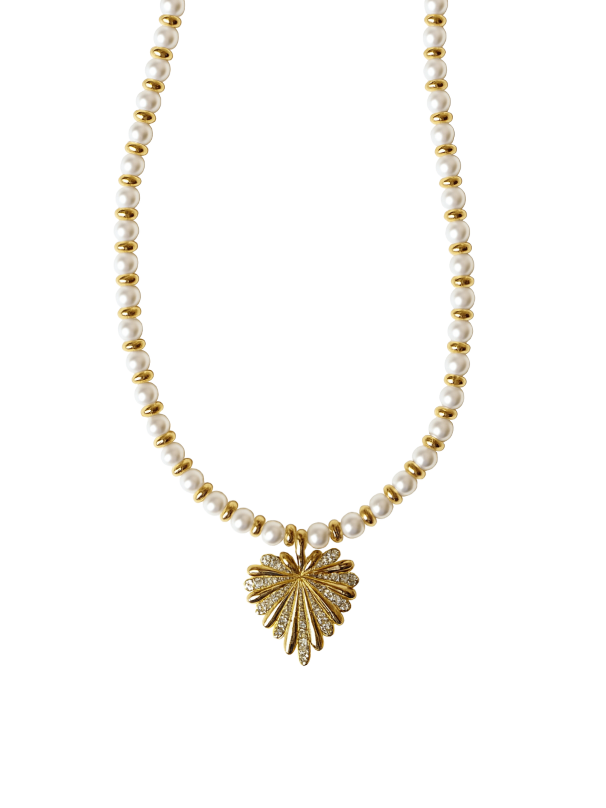 The Haven Necklace by Kinsey Designs features pearl beads, gold accents, and a gold leaf-shaped pendant with sparkling crystals—an elegant addition to any outfit.