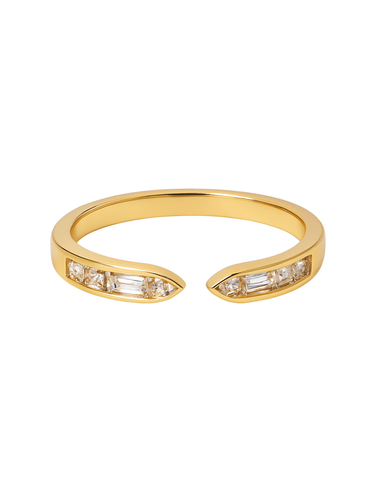 The Hayden Ring by Kinsey Designs features an open gold band with baguette and round cut diamonds at each end.