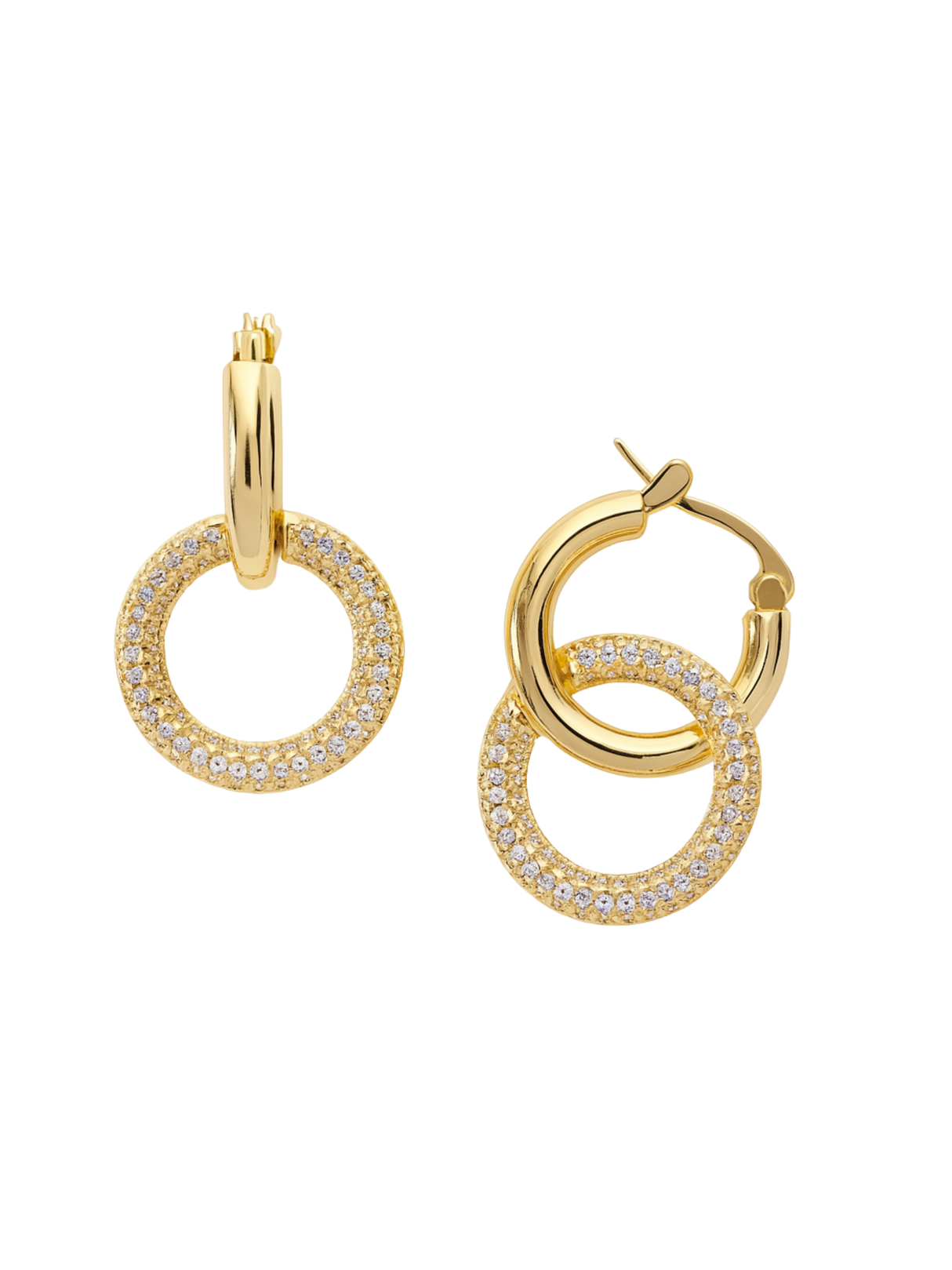 The Holland Hoop by Kinsey Designs features a pave crystal double circle design. These gold-filled earrings add sparkle and style to any look and are shown on a white background.