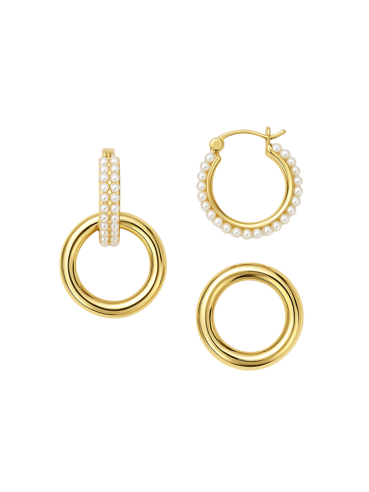 The Holland Pearl Hoops by Kinsey Designs feature three gold-filled hoops: one with pearls, one plain, and one with pearls on half the hoop—perfect statement earrings for any occasion.