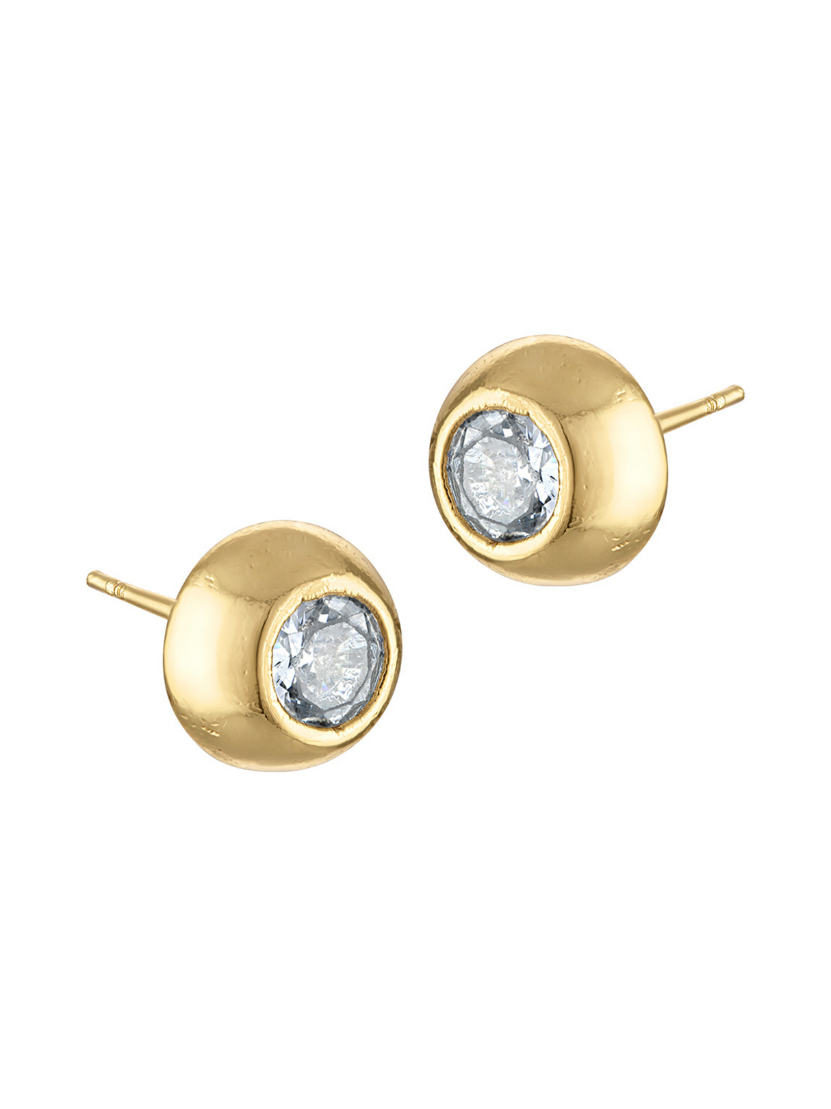 Kinsey Designs' Harper Half Sphere Gold Studs showcase round, clear CZ stones at the center of elegant gold-filled earrings, displayed against a white background.