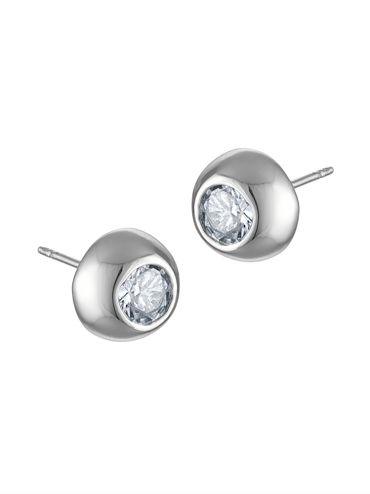 The Harper Half Sphere Silver Studs by Kinsey Designs are rhodium-plated silver earrings featuring round clear CZ stones in a smooth, polished setting, shown on a white background.