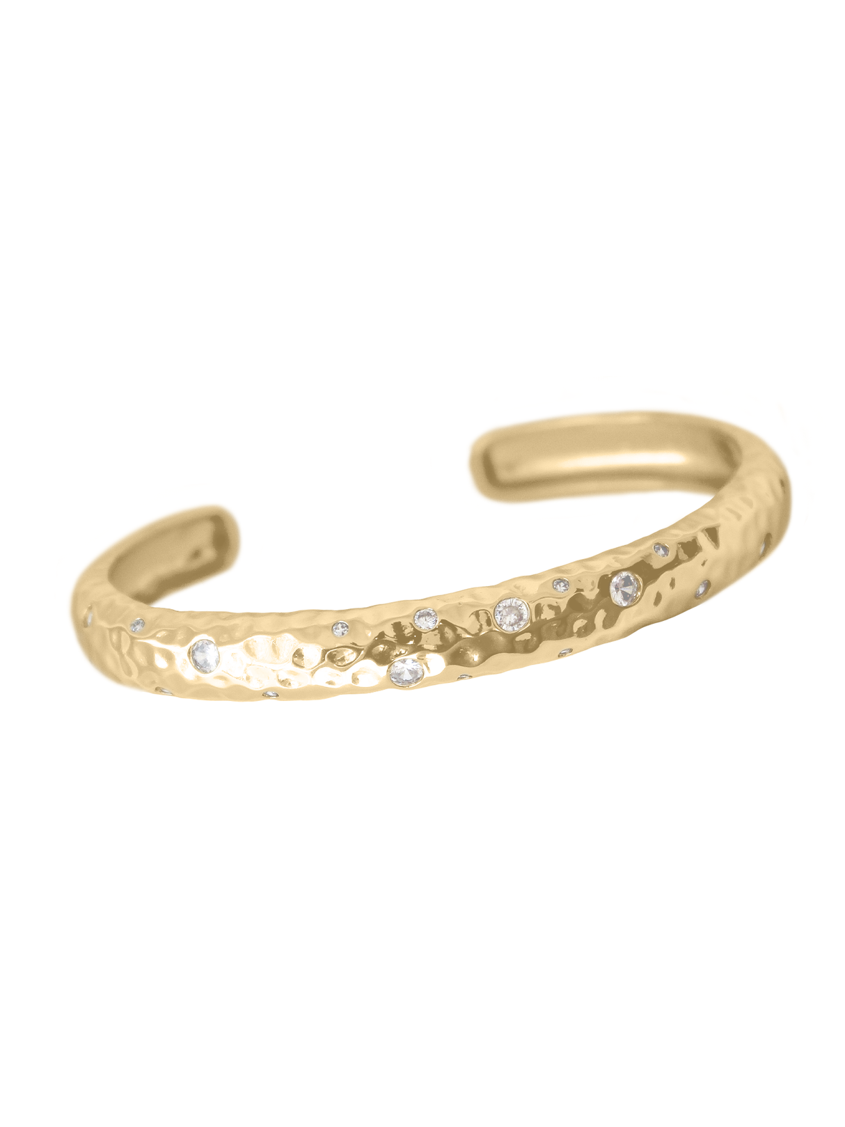 The Hartwell Cuff Bracelet by Kinsey Designs Archives features a hammered gold filled finish with small round gemstones. Adjustable and showcased on a white background, this piece is included in our sample sale.