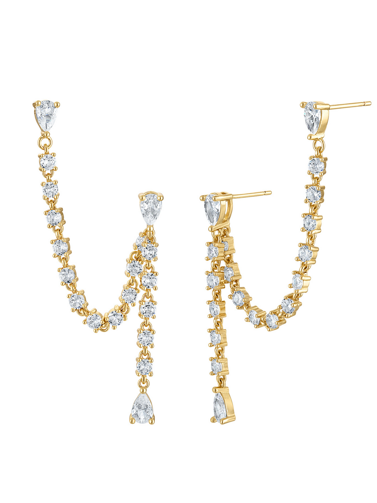 The Hollis Double Earring by Kinsey Designs features gold-filled drop earrings with sparkling cubic zirconia stones and a dangling chain, measuring 2.25" long, shown against a white background.