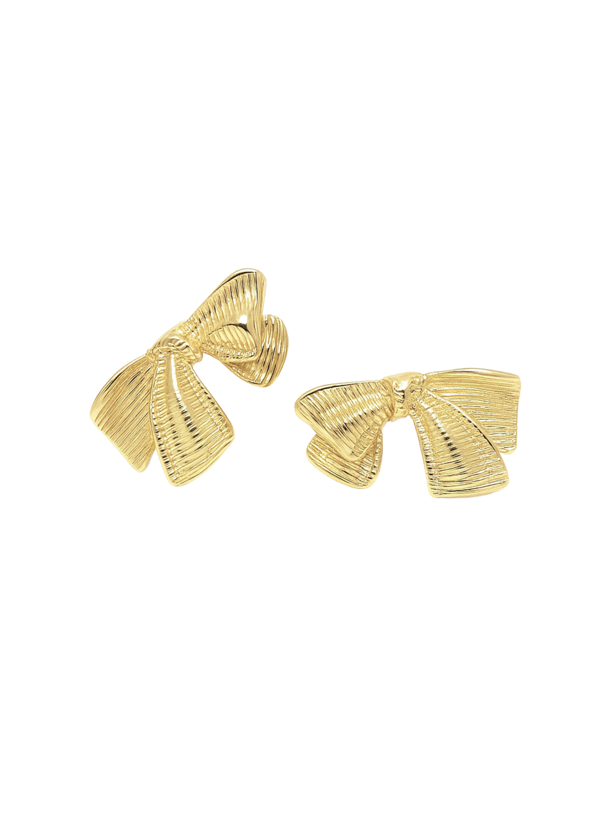 The Izzy Bow Studs by Kinsey Designs feature an elegant gold-tone bow with a ribbed texture, beautifully displayed on a white background—adding charming style to any look.
