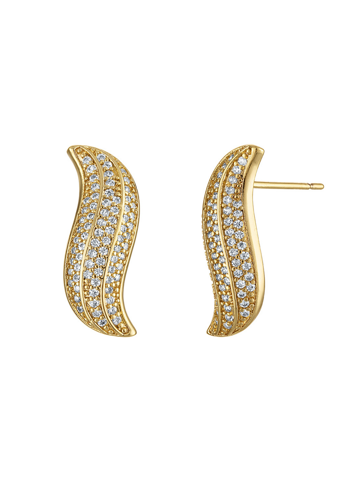Kinsey Designs' Ivy Earrings: curved gold-filled design with rows of sparkling cubic zirconia, shown on a white background.