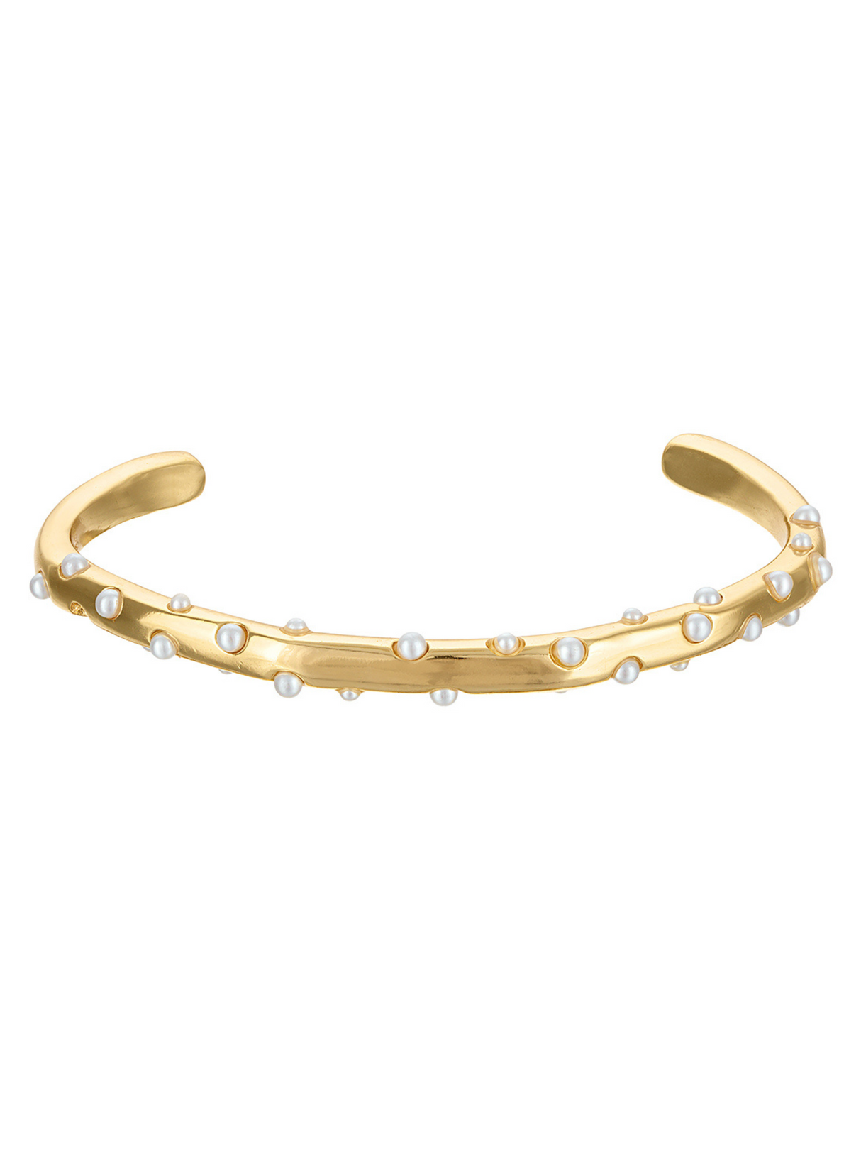 The Johanna Pearl Cuff Bracelet by Kinsey Designs features a gold filled design, beautifully accented with scattered small white pearls.