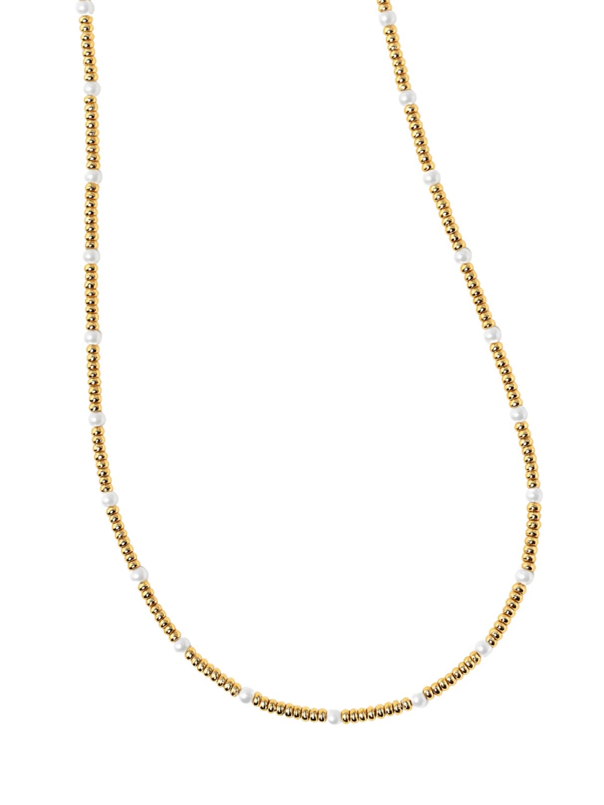 The Kandi Necklace by Kinsey Designs features alternating gold and white beads with a gold filled clasp and extender, displayed on a white background.