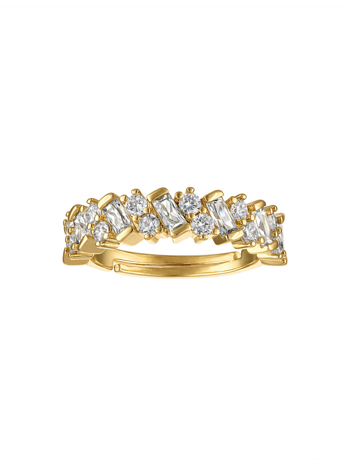 The Kinsey Designs Kassy Diagonal Baguette Ring features a gold band with alternating round and rectangular clear gemstones arranged in a zigzag pattern.
