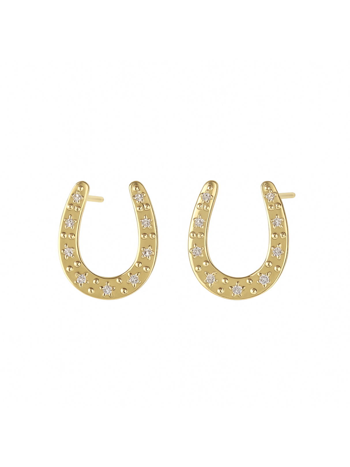 The Kent Earring by Kinsey Designs features gold-filled horseshoe shapes with small white stones, shown on a plain white background. Final sale.