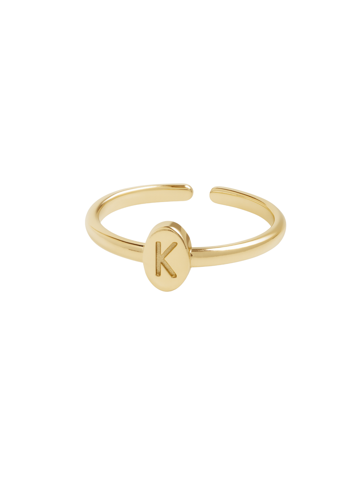 The Kinsey Initial Ring by Kinsey Designs is a gold open band with a round center engraved with the letter "K"—a timeless, personalized jewelry piece.