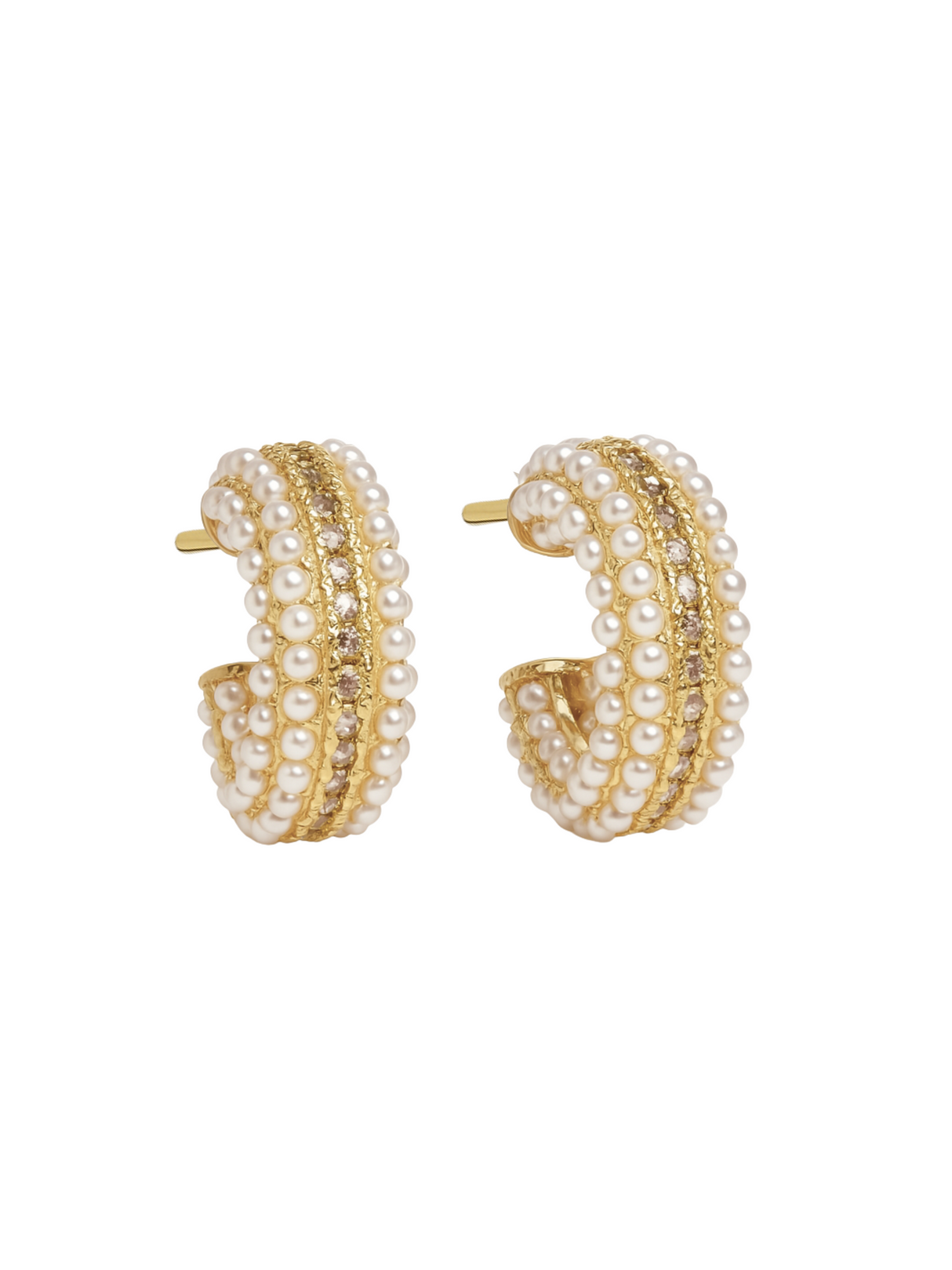 The Korey Pearl Hoops by Kinsey Designs feature gold-filled hoops embellished with rows of small pearls and sparkling rhinestones, shown on a white background.