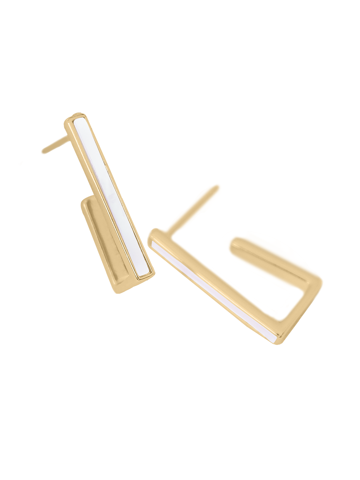 The Kai Earring by Kinsey Designs Archives is a pair of gold-filled geometric earrings with white enamel inlay, measuring 1 inch, shown on a white background.
