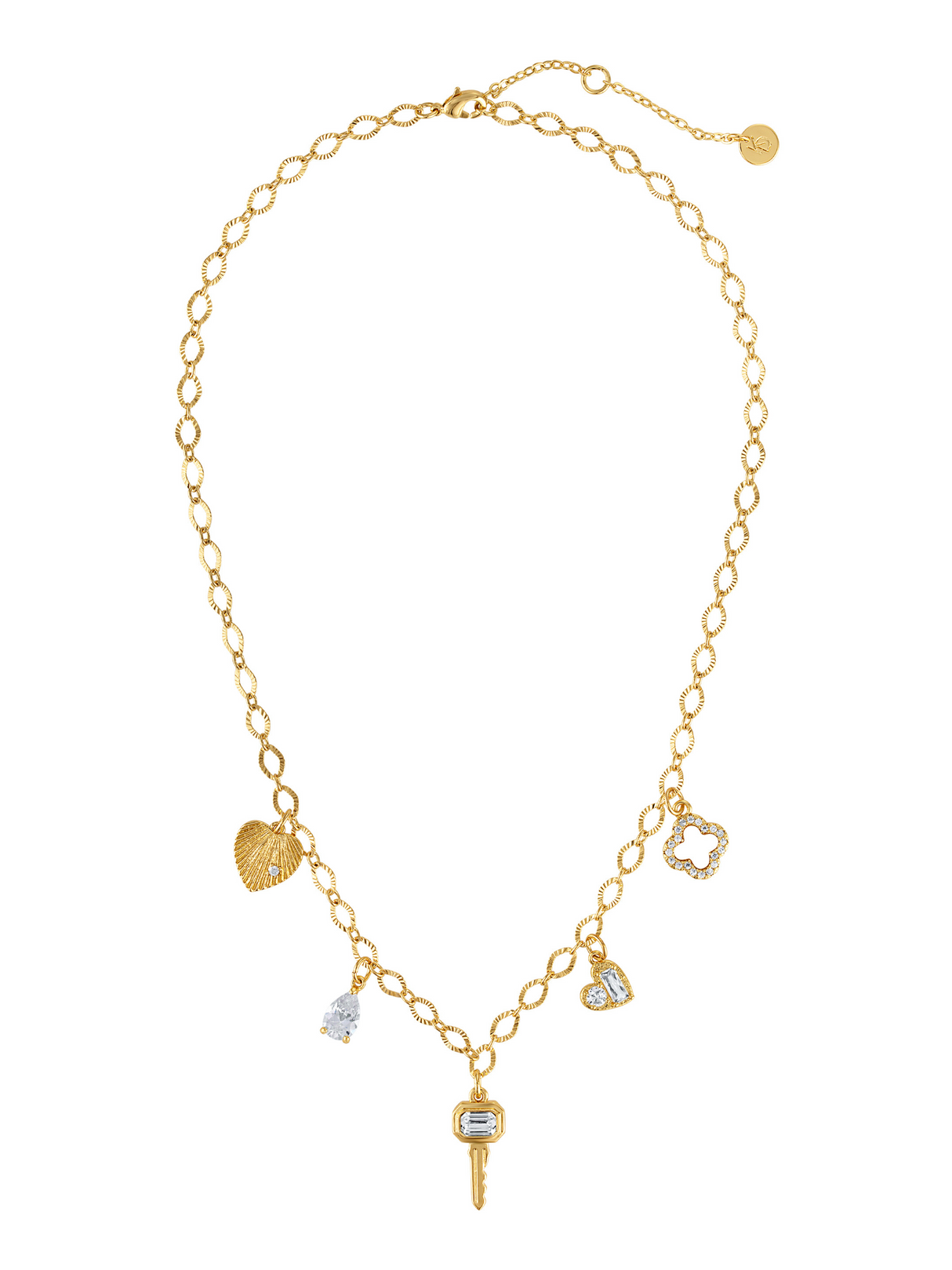 The Kinsey Designs Key Hearts Charm Necklace features five gold-filled charms—a shell, key, heart, jewel, and decorative frame—adding playful elegance to any outfit.