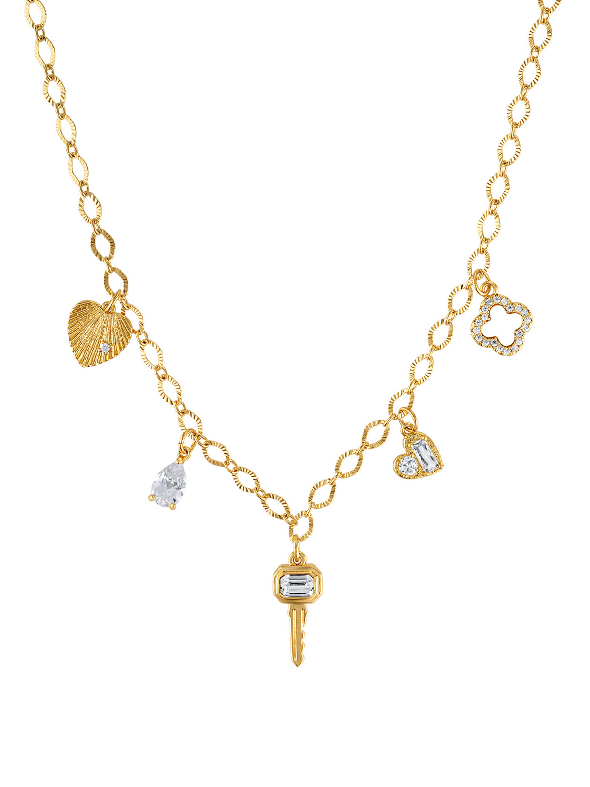The Key Hearts Charm Necklace by Kinsey Designs features five unique gold filled charms—a key, hearts, a leaf, and a clover—some with sparkling crystals. This charming necklace is perfect for elevating any look.