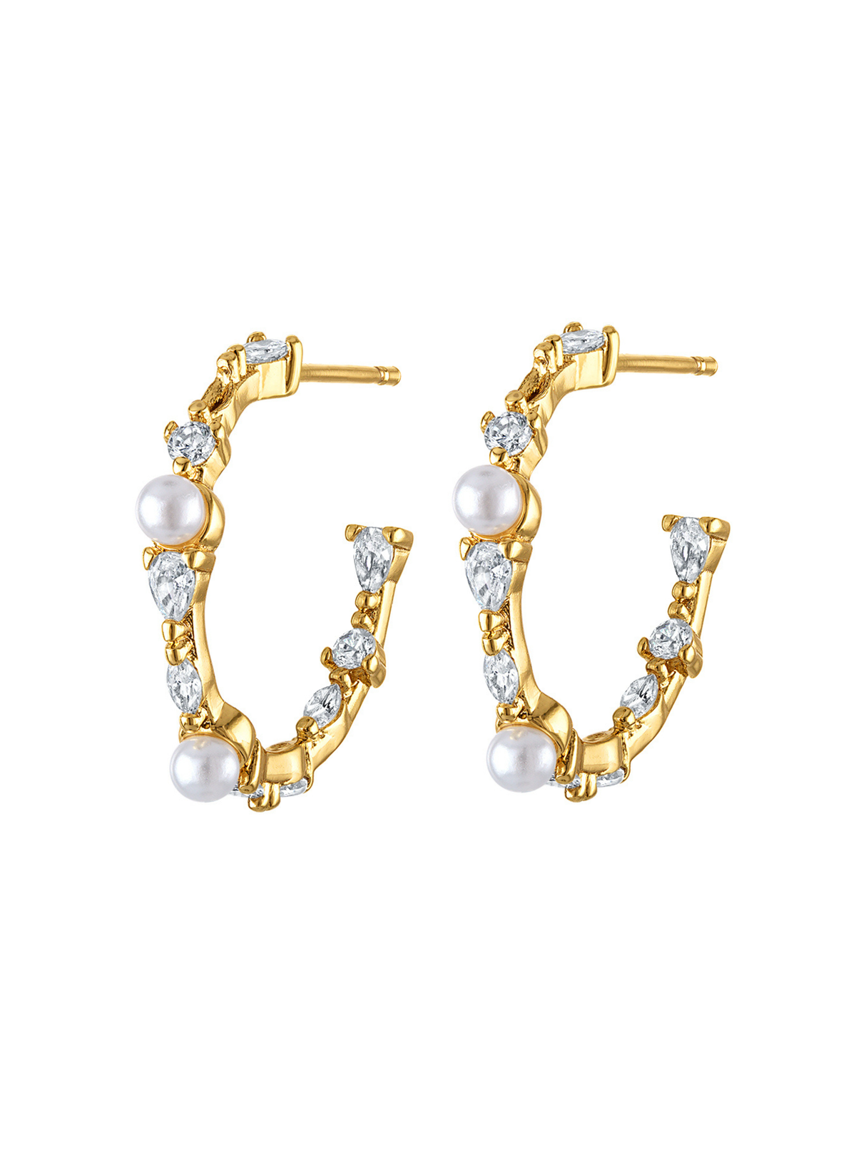 The Lollita Pearl Hoop by Kinsey Designs features gold CZ hoops with clear gemstones and elegant pearl accents, offering a sophisticated touch to any outfit.