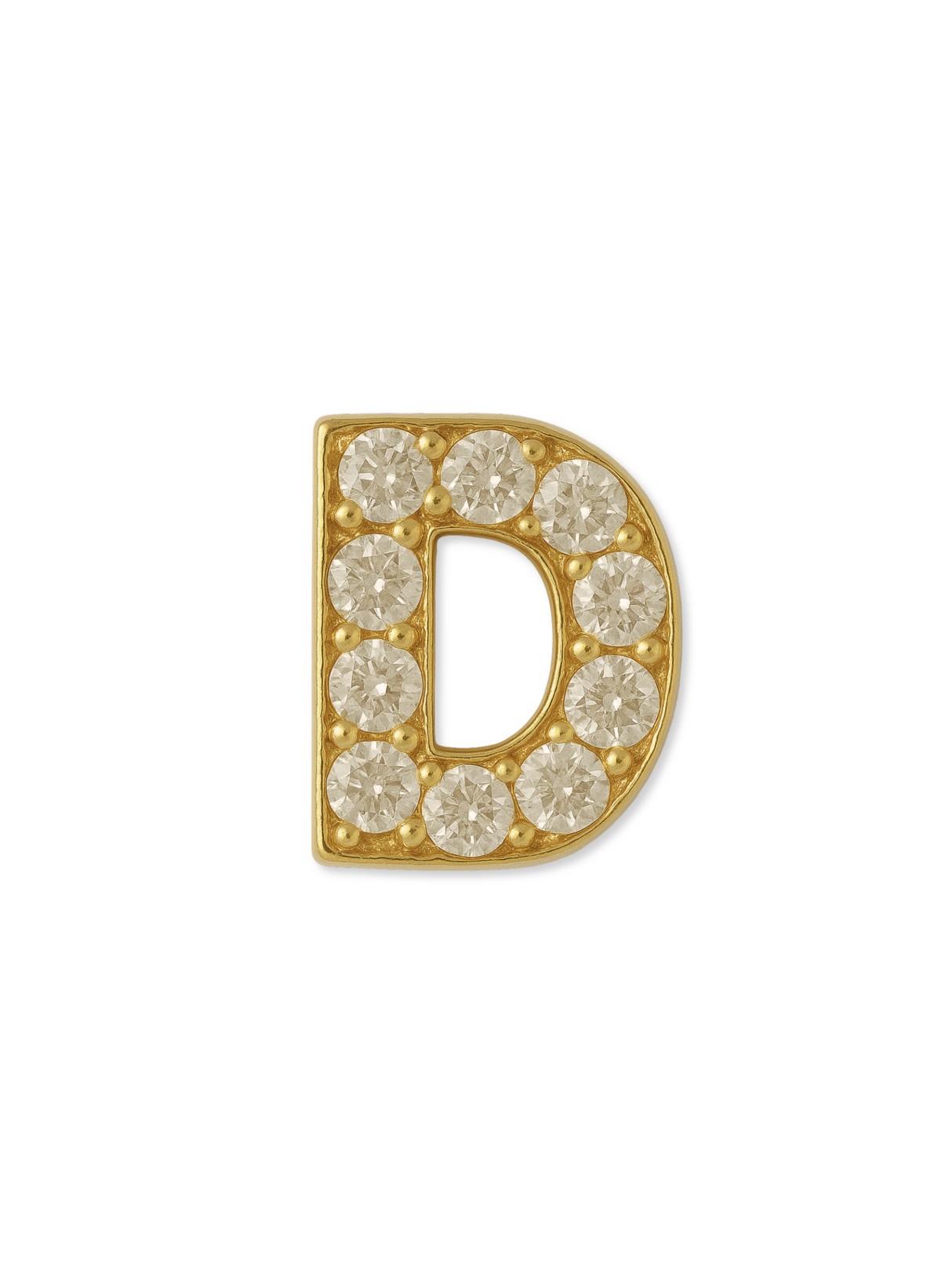 The Kinsey Designs LUX Letter Slide Charm features the initial "D" with round clear gemstones, perfect as a stylish addition to your slide charm collection. Shown against a white background.