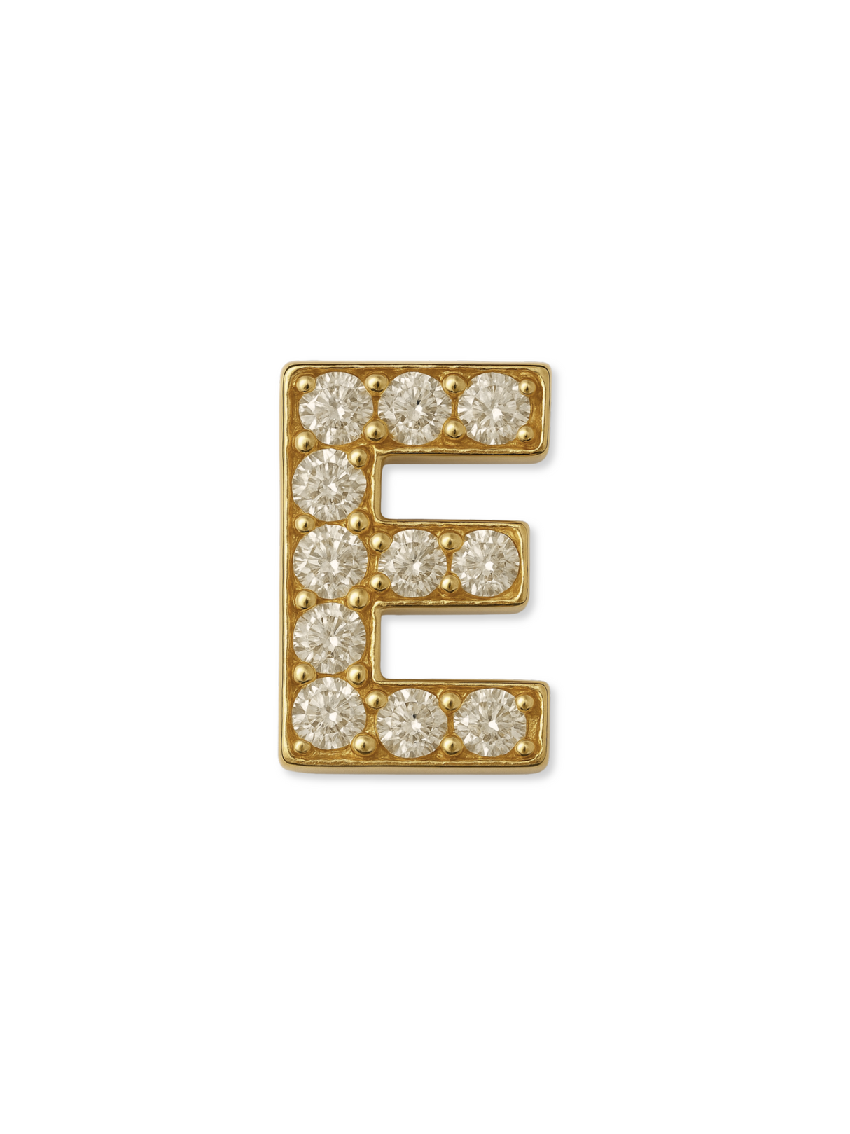 The Kinsey Designs LUX Letter Slide Charm showcases a gold filled "E" pendant adorned with small round diamonds—an elegant initial charm for any collection.