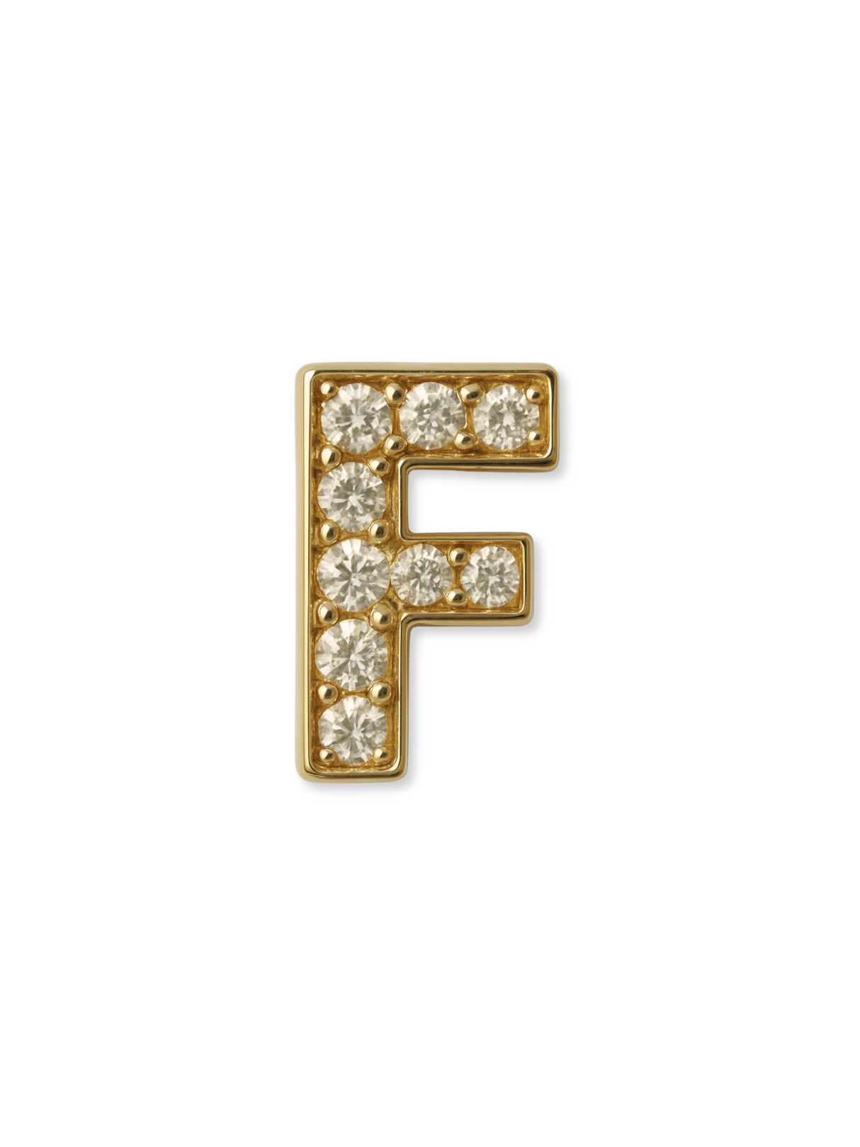 The Kinsey Designs LUX Letter Slide Charm features a gold initial F adorned with sparkling diamonds, set on a white background. This exquisite charm is a dazzling addition to your collection.