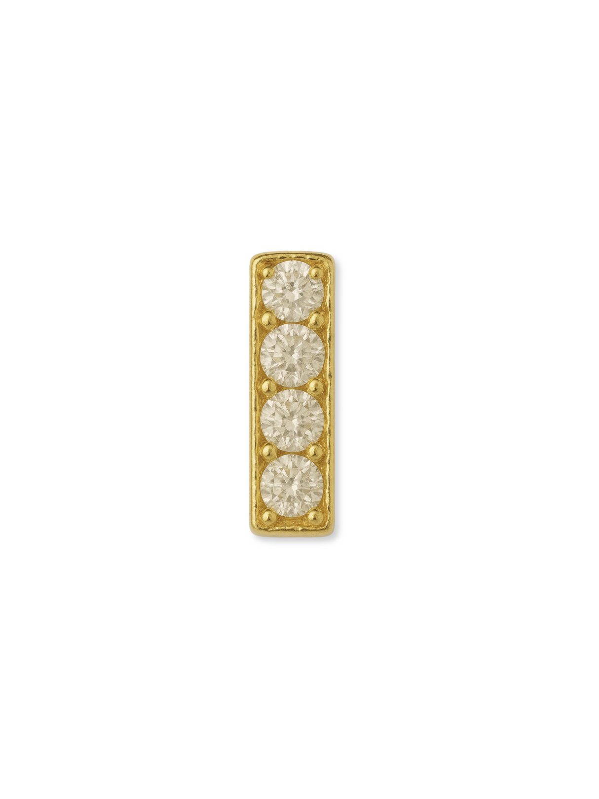 The Kinsey Designs LUX Letter Slide Charm is a gold-filled rectangular pendant, featuring four round diamonds set vertically, shown on a white background.