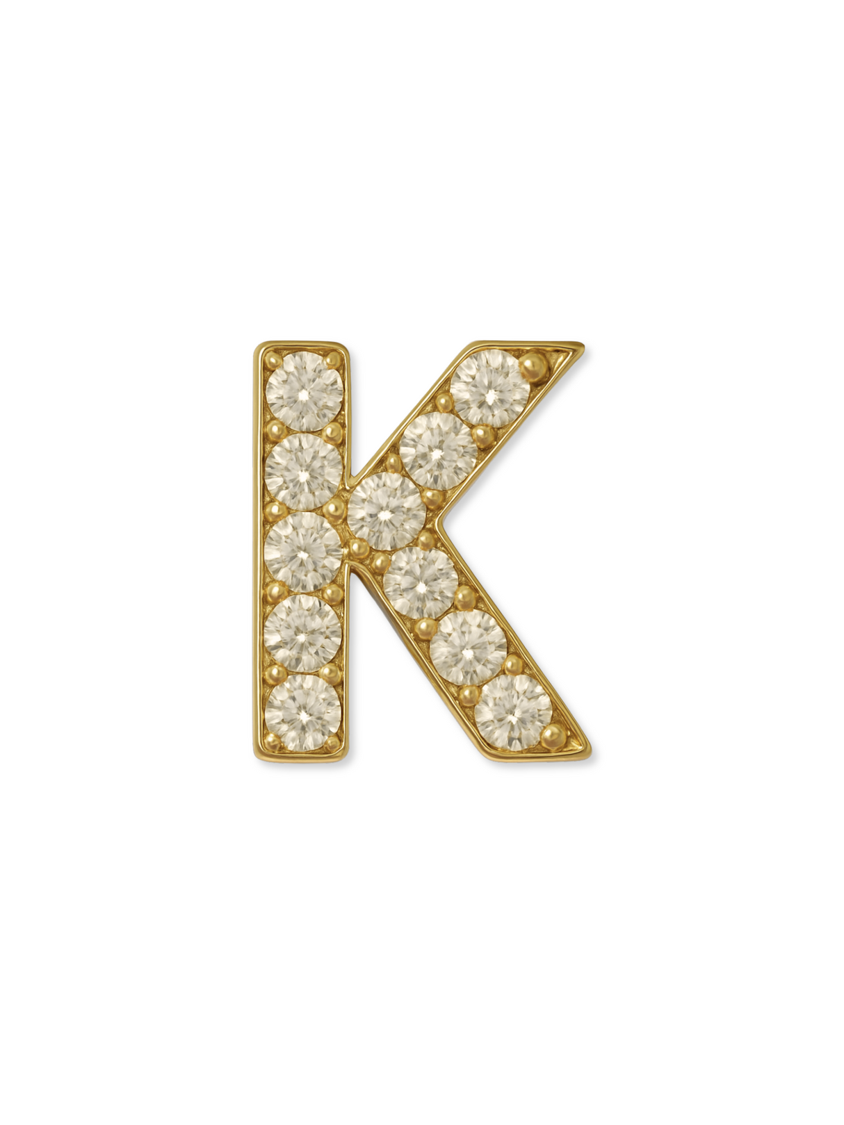 The Kinsey Designs LUX Letter Slide Charm "K" features gold-filled metal and sparkling round diamonds, shown on a white background—ideal for personalized slide charm bracelets.