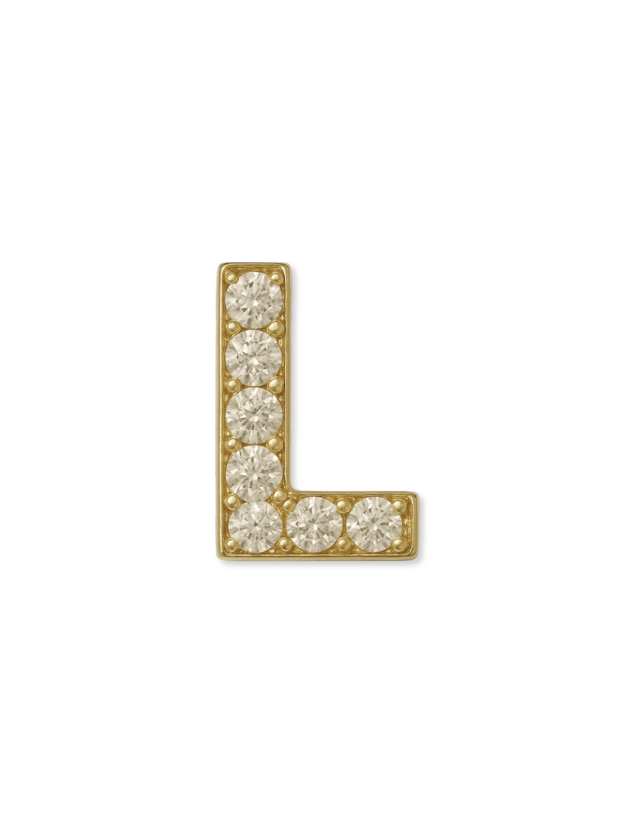 The Kinsey Designs LUX Letter Slide Charm features a gold-filled "L" encrusted with round clear gemstones, perfect for personalizing any jewelry piece.