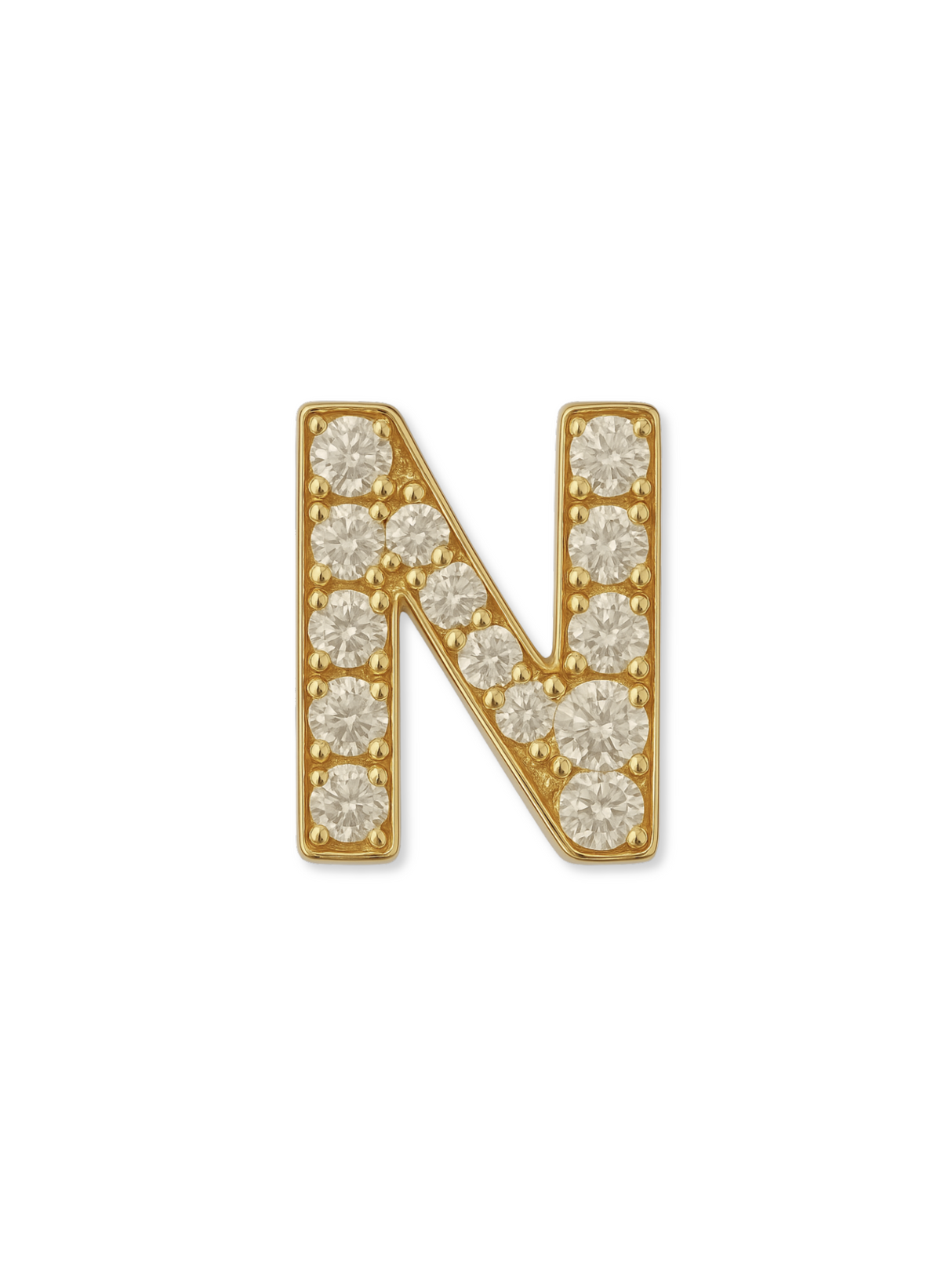 The Kinsey Designs LUX Letter Slide Charm features a dazzling "N" pendant adorned with sparkling diamonds, perfect for customizing your jewelry. Shown on a white background.