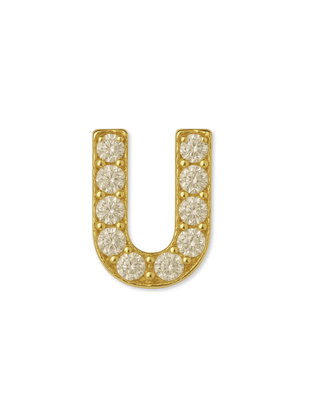 The Kinsey Designs LUX Letter Slide Charm features a gold-filled "U" with sparkling gemstones, displayed on a white background—ideal for personalizing your charm collection.